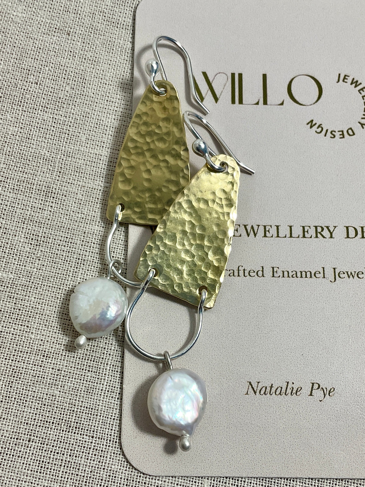 Brass, argentium silver and pearl earrings