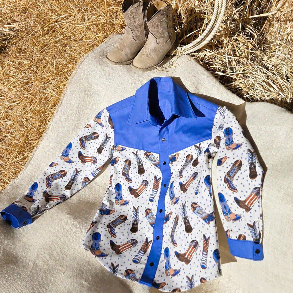 "Boots On" Western-Themed Button‑Up Shirt (Size 7 Years)