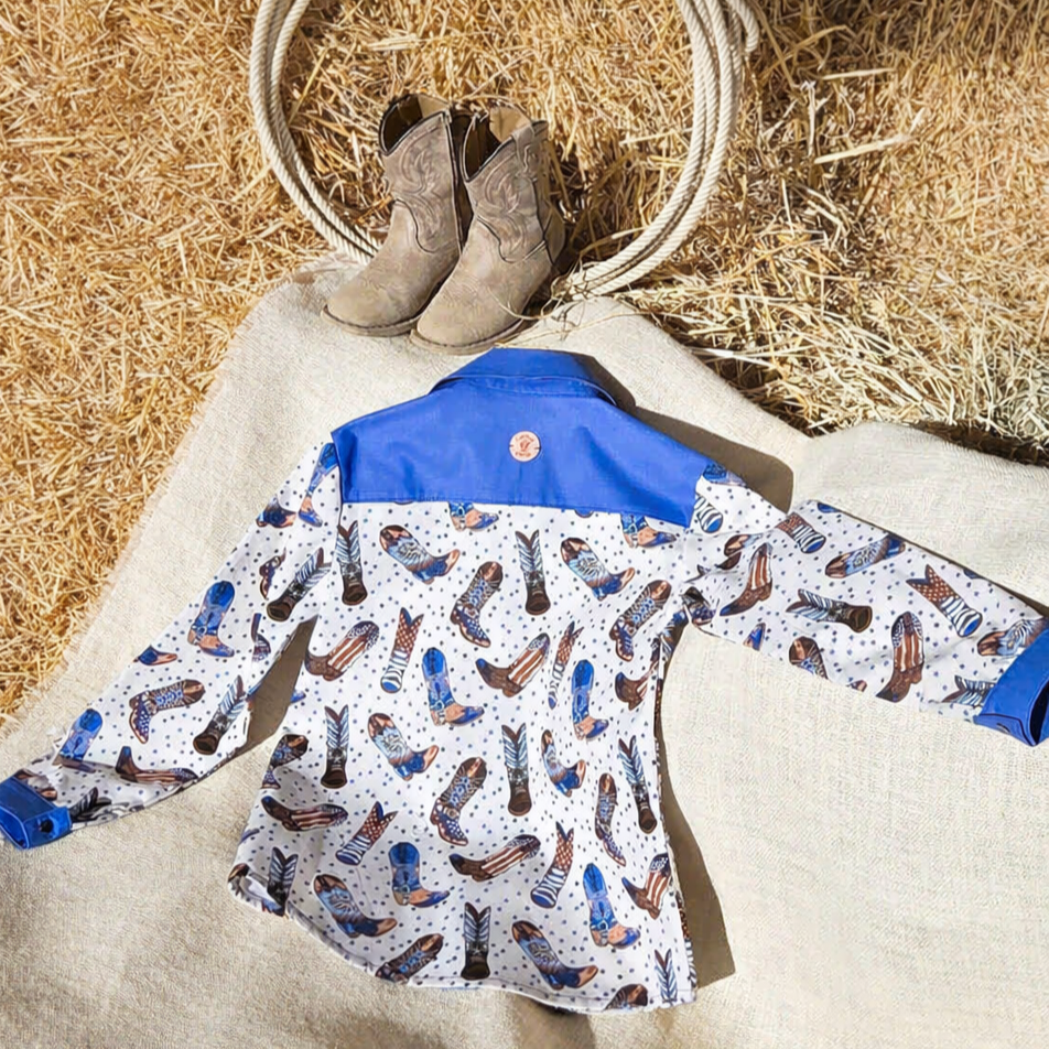 "Boots On" Western-Themed Button‑Up Shirt (Size 7 Years)