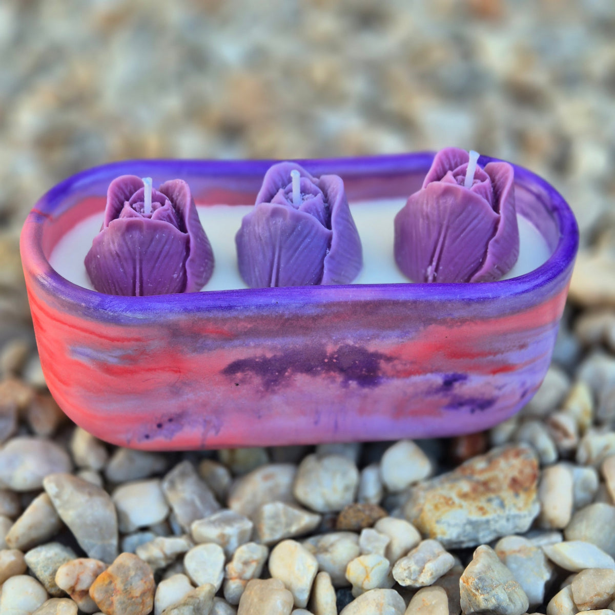 Red and purple oval concrete tulip bowl candle with sandalwood