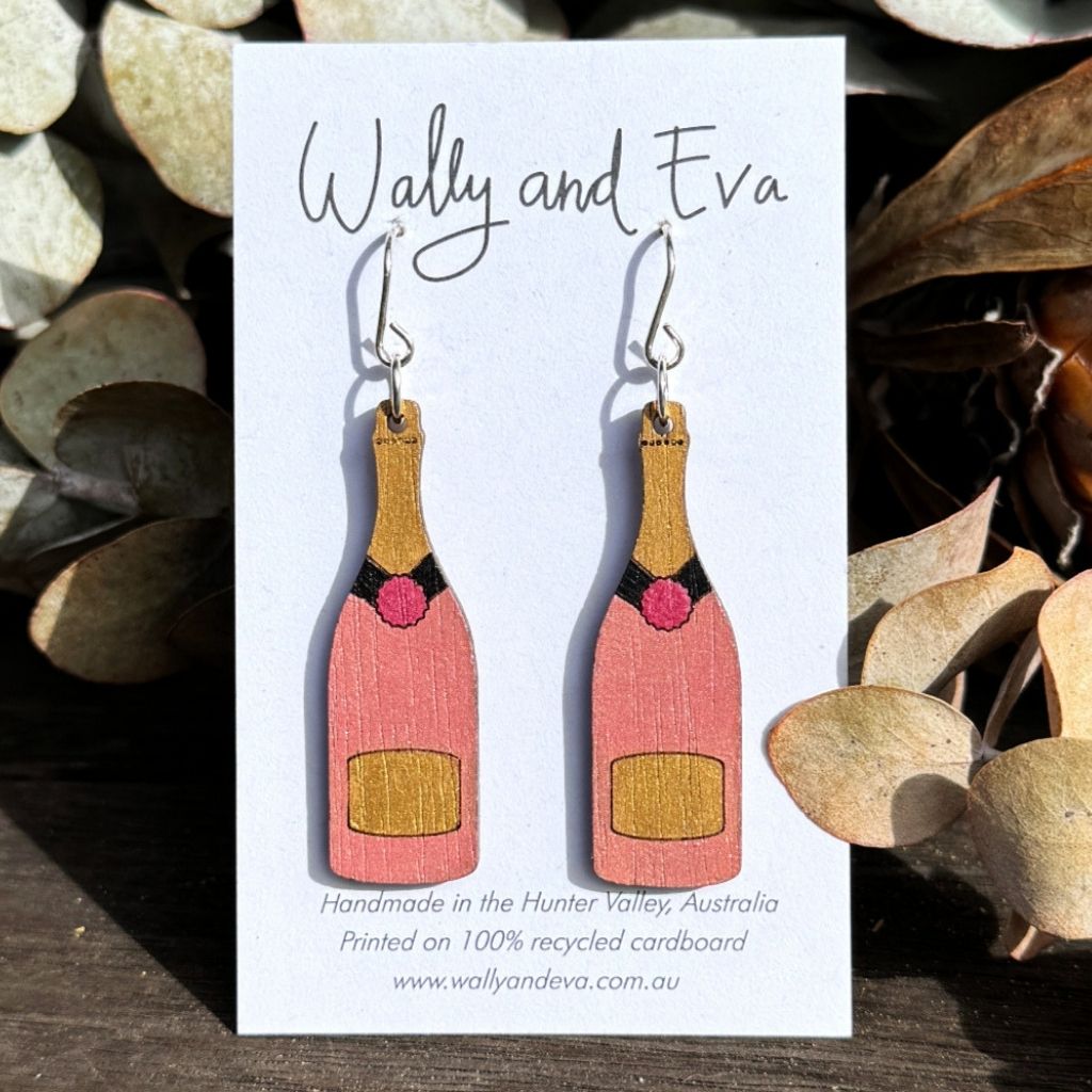 Champagne Bottle Hand Painted Wood Earrings