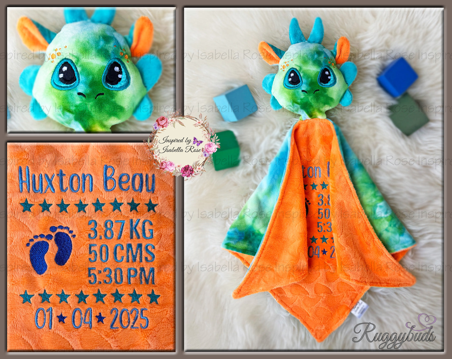 Baby comforter, Embroidered name, Dragon themed Ruggybud, Made to order