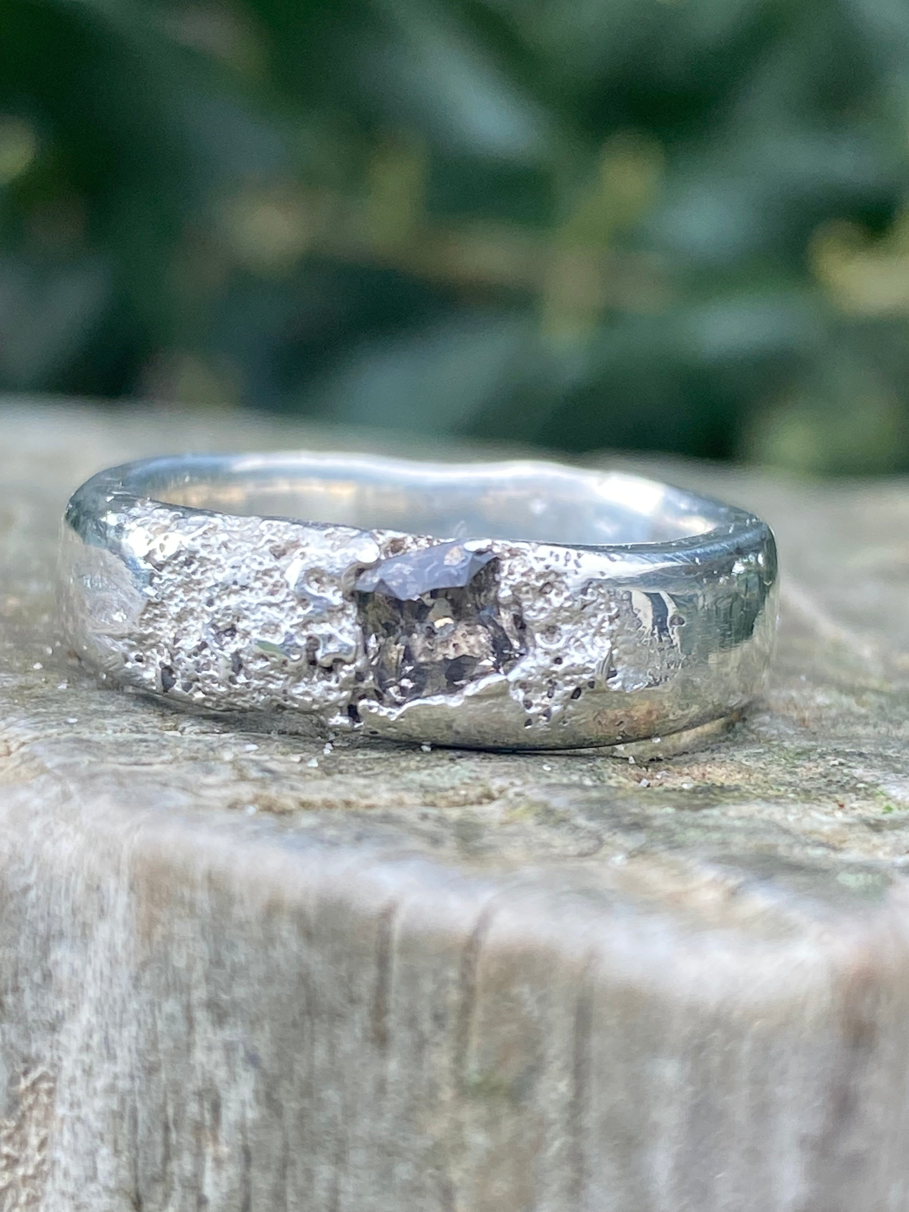 Rockpool Ring – Beach Sand Cast Sterling Silver & Smoky Nanosital – Size N