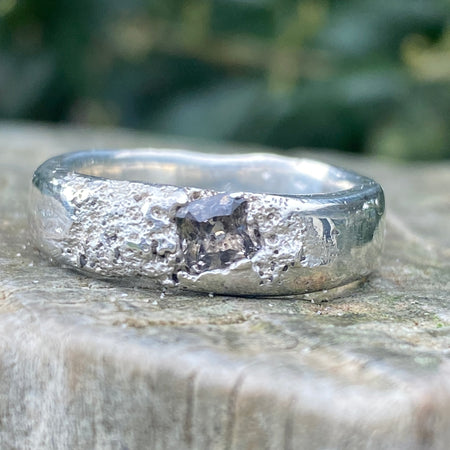 Rockpool Ring – Beach Sand Cast Sterling Silver & Smoky Nanosital – Size N