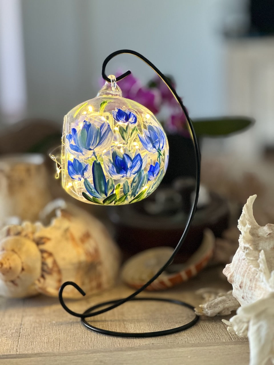 Glass Hanging Candle Holder Hand Painted With Blue Blooms