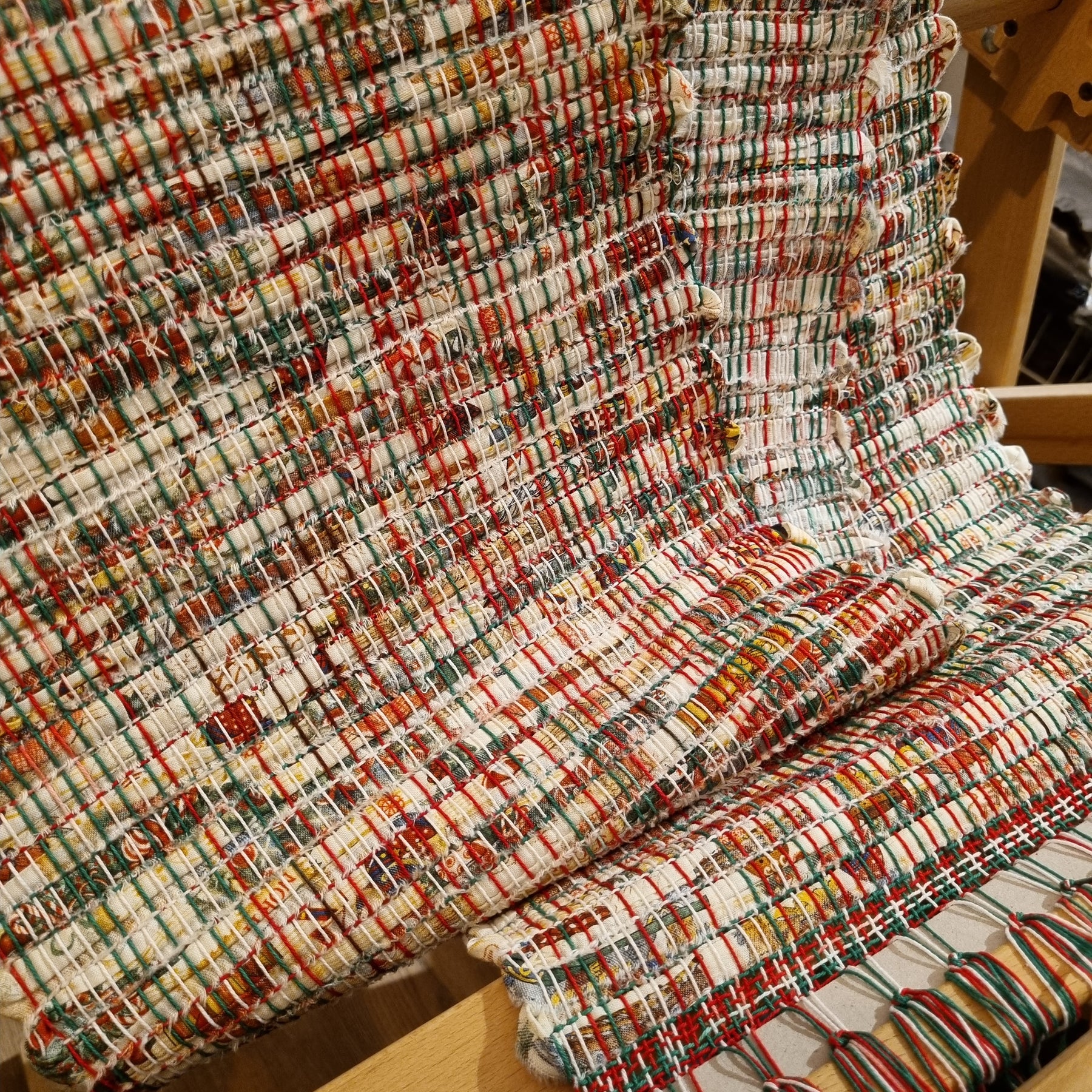 Handwoven Christmas fabric table runner festive print