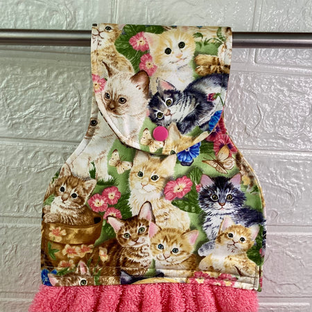 Kittens and flowers (pink) hanging hand towel.