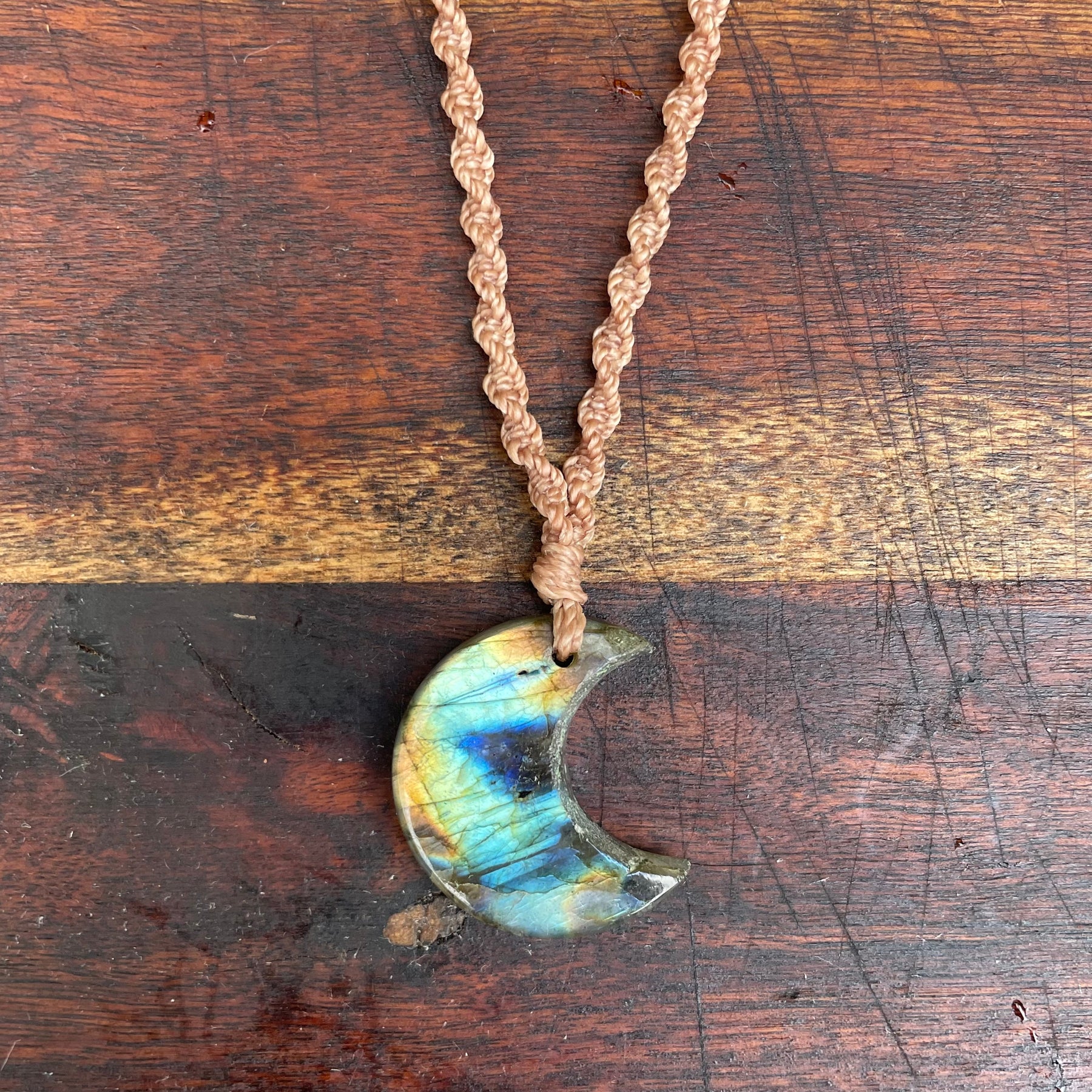 Labradorite Pendant: Crescent moon Beaded Macrame, Adjustable Boho Gift