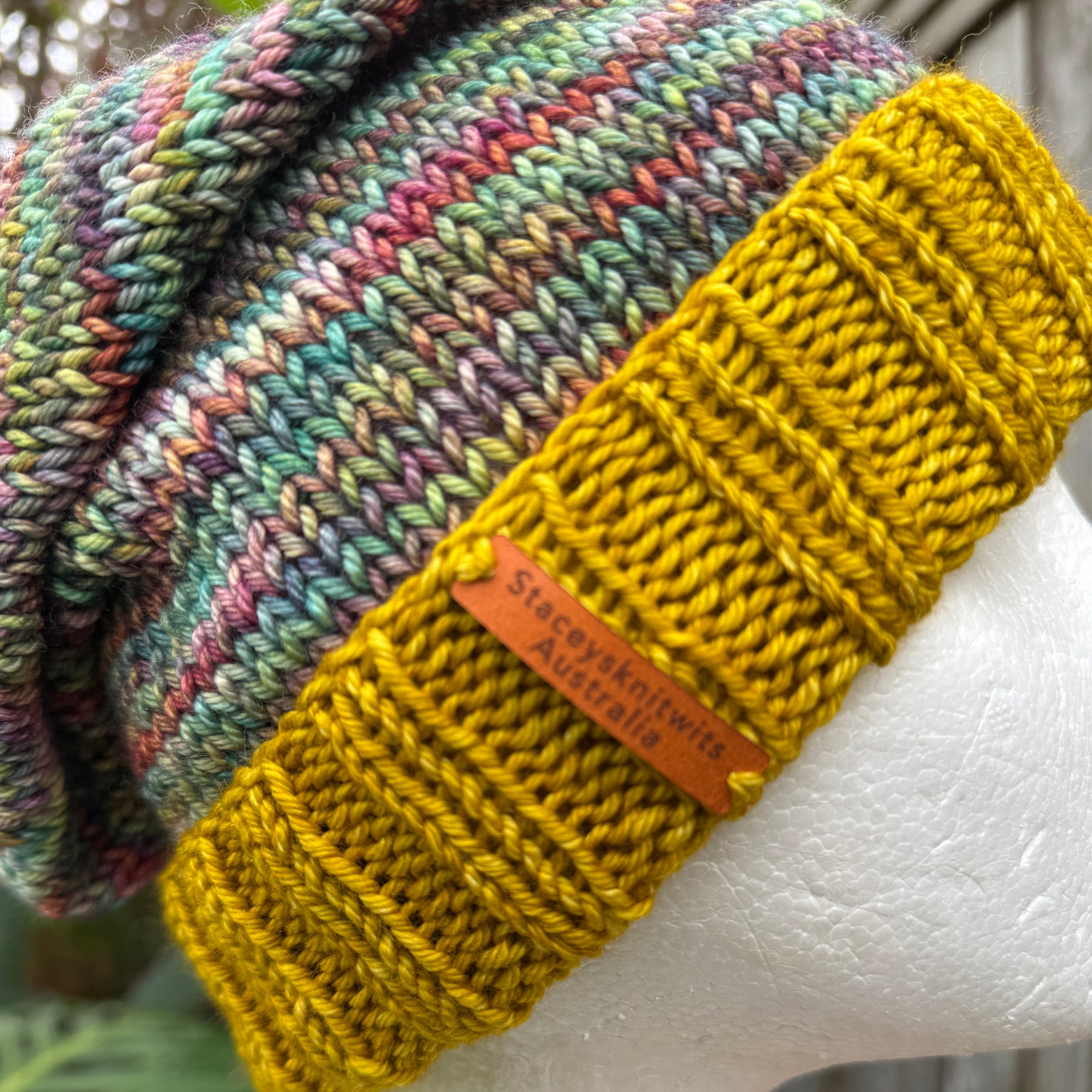 Merino Slouchy Beanie, Hand Knitted Mustard & Rainbow Slouchy