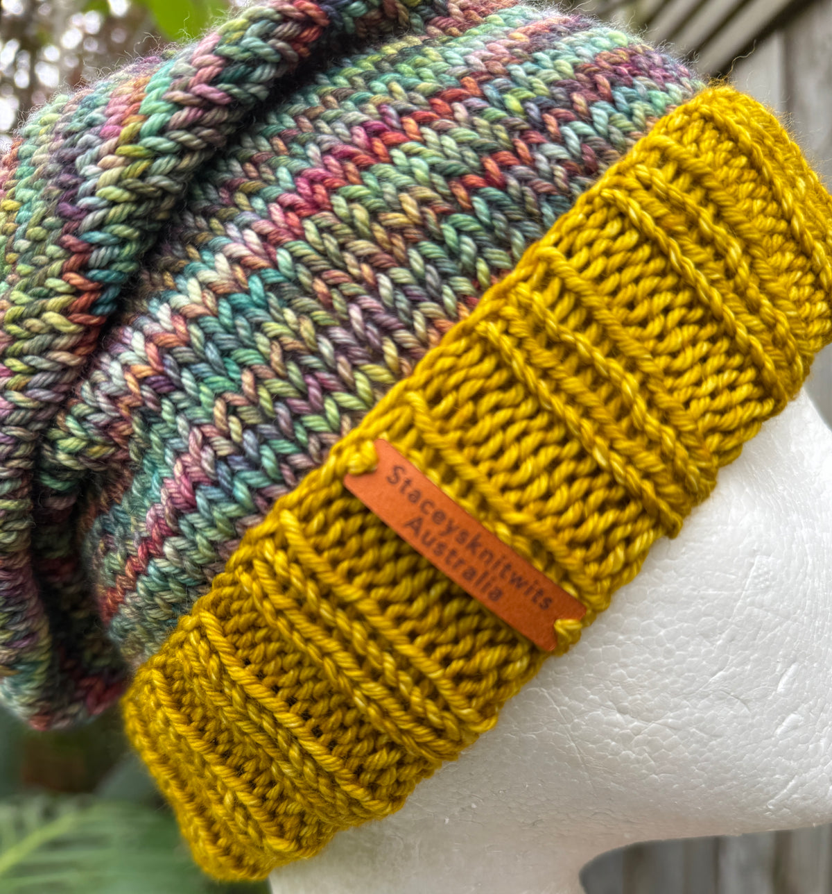 Merino Slouchy Beanie, Hand Knitted Mustard & Rainbow Slouchy