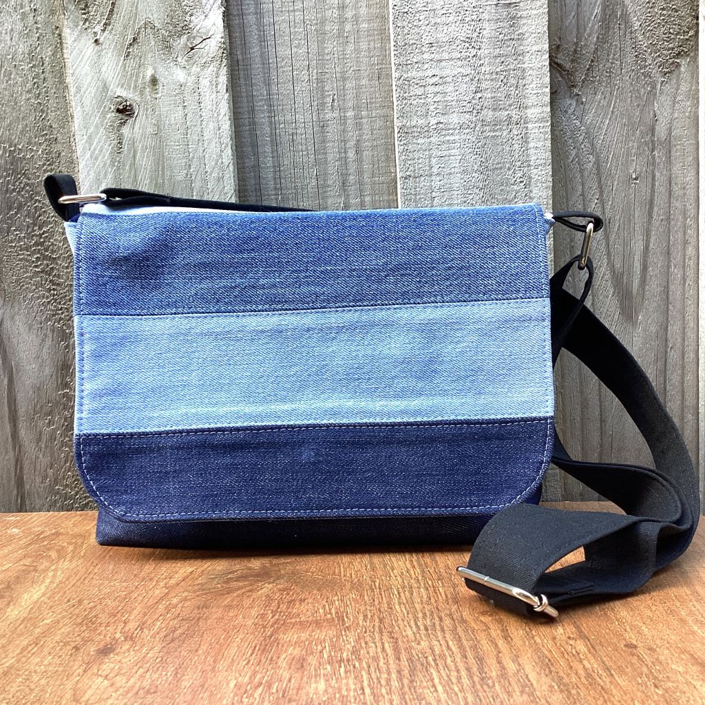 Upcycled Denim Cross Body Messenger Bag - Blue Stripes