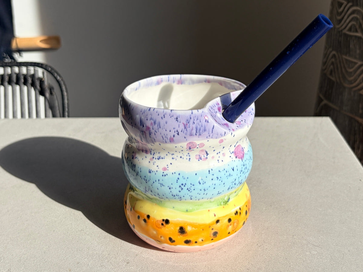 Handcrafted Porcelain Tumbler with Silicon Straw, 600mL Bubble Cup in Rainbow Glaze
