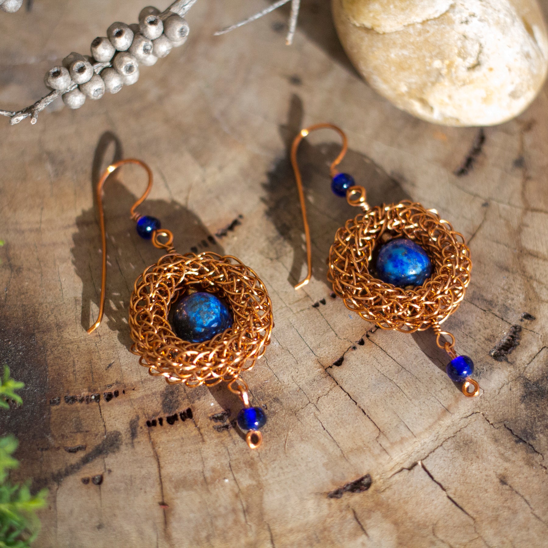 Antique Copper Viking Wire Knit Earrings with Lapis Lazuli Stones
