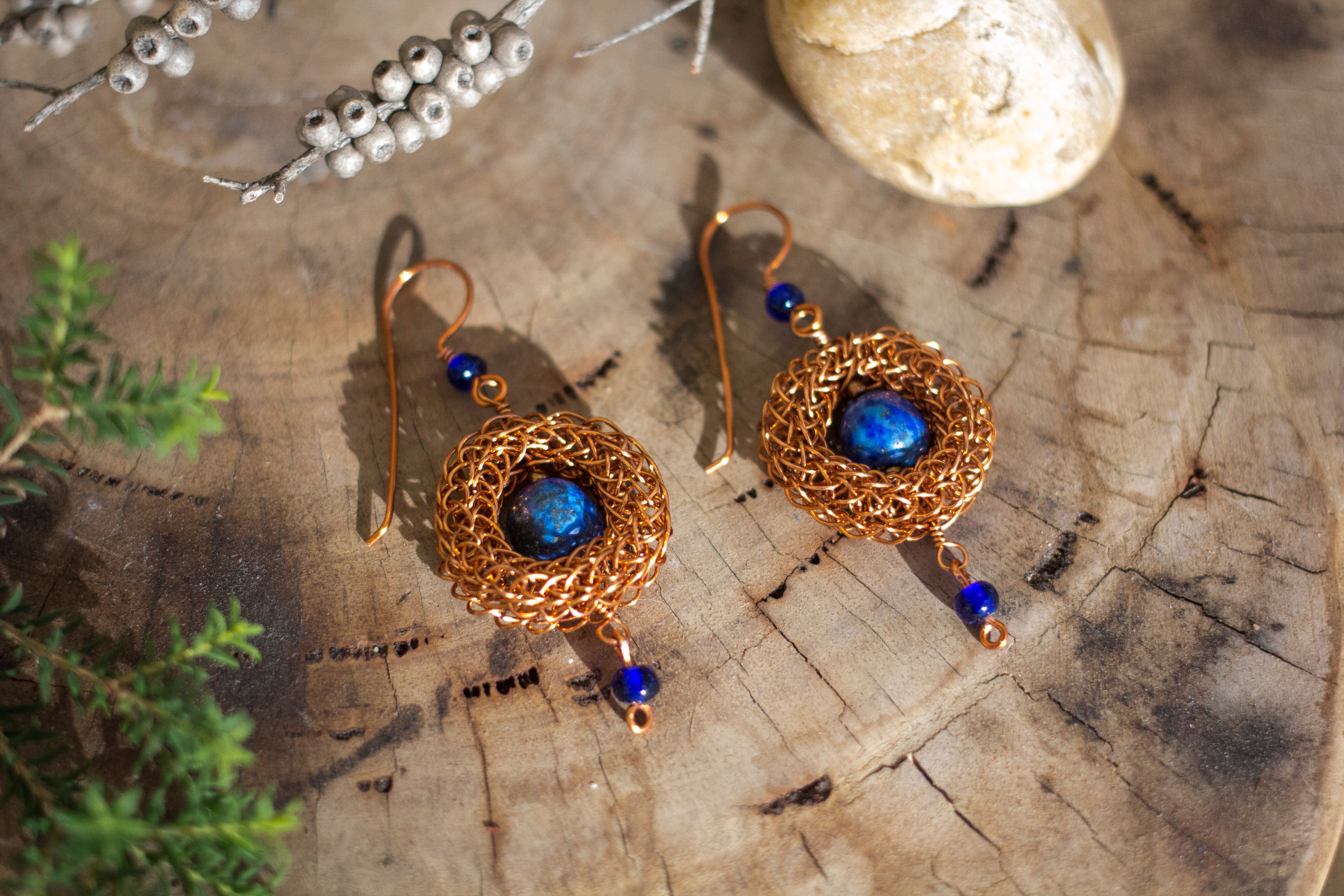 Antique Copper Viking Wire Knit Earrings with Lapis Lazuli Stones