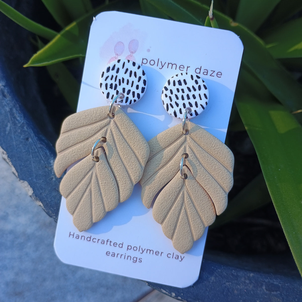 Beige Leaf dangle earrings with painted stud top