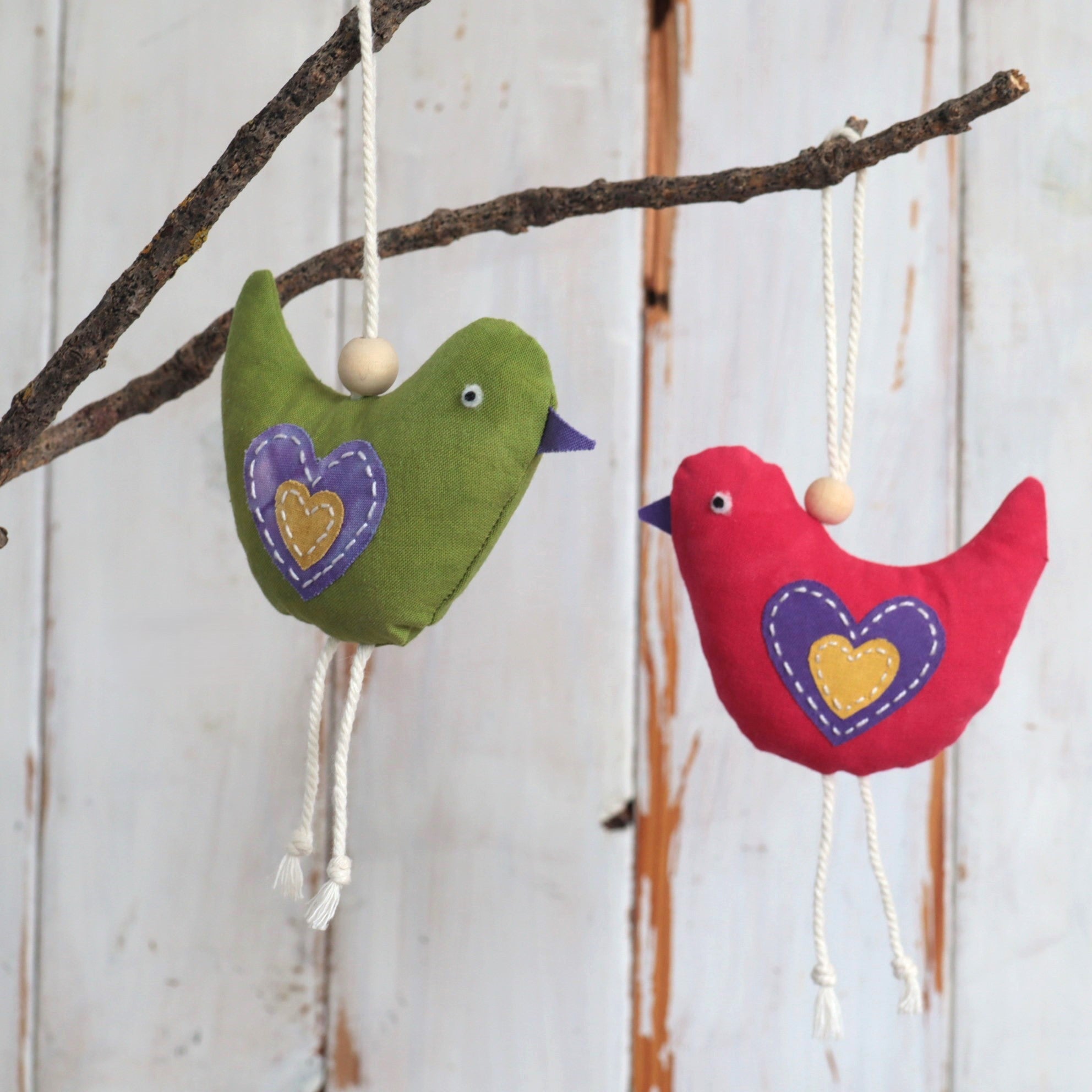 Hand Dyed Bird Ornaments, Whymsical Bird Decorations, Xmas decorations, set of 2