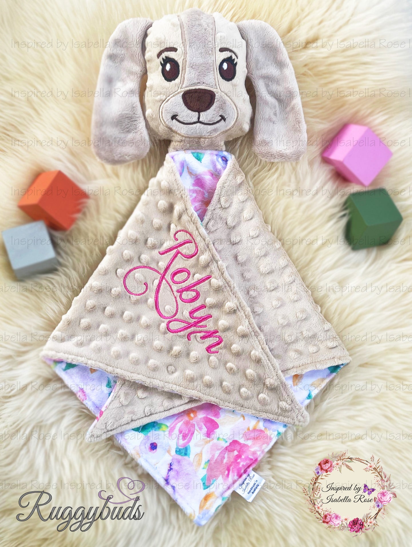 Baby comforter, Embroidered name, Puppy themed Ruggybud, Made to order