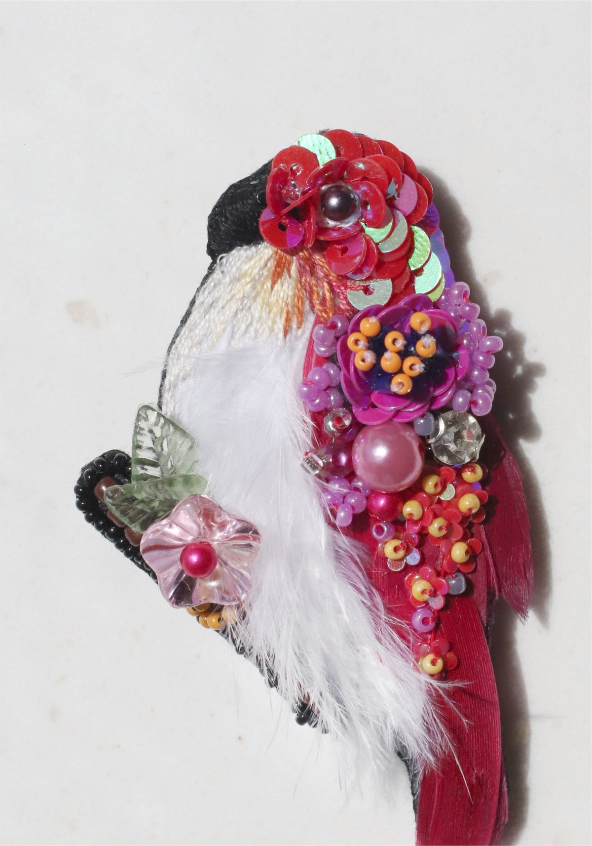 Crimson Feather Beaded Brooch