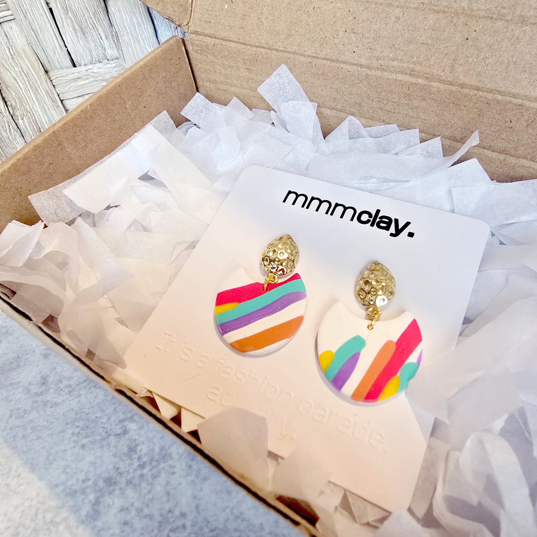 White Rainbow Striped Polymer Clay Drop Earrings