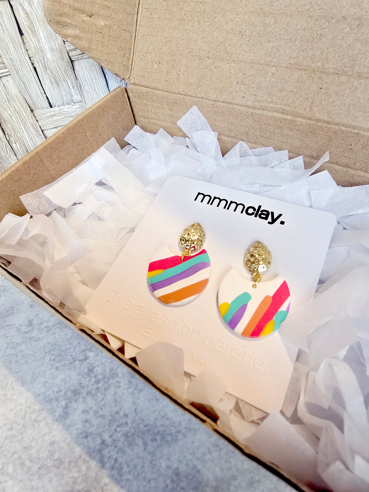 White Rainbow Striped Polymer Clay Drop Earrings