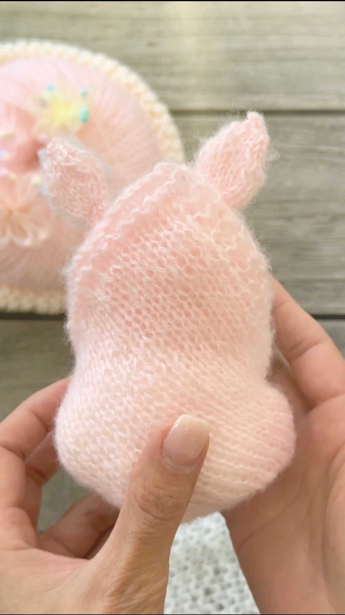 Handmade White Knitted Sleeping Kitten in Pink Bunny Bonnet and Blanket with Butterfly Toy