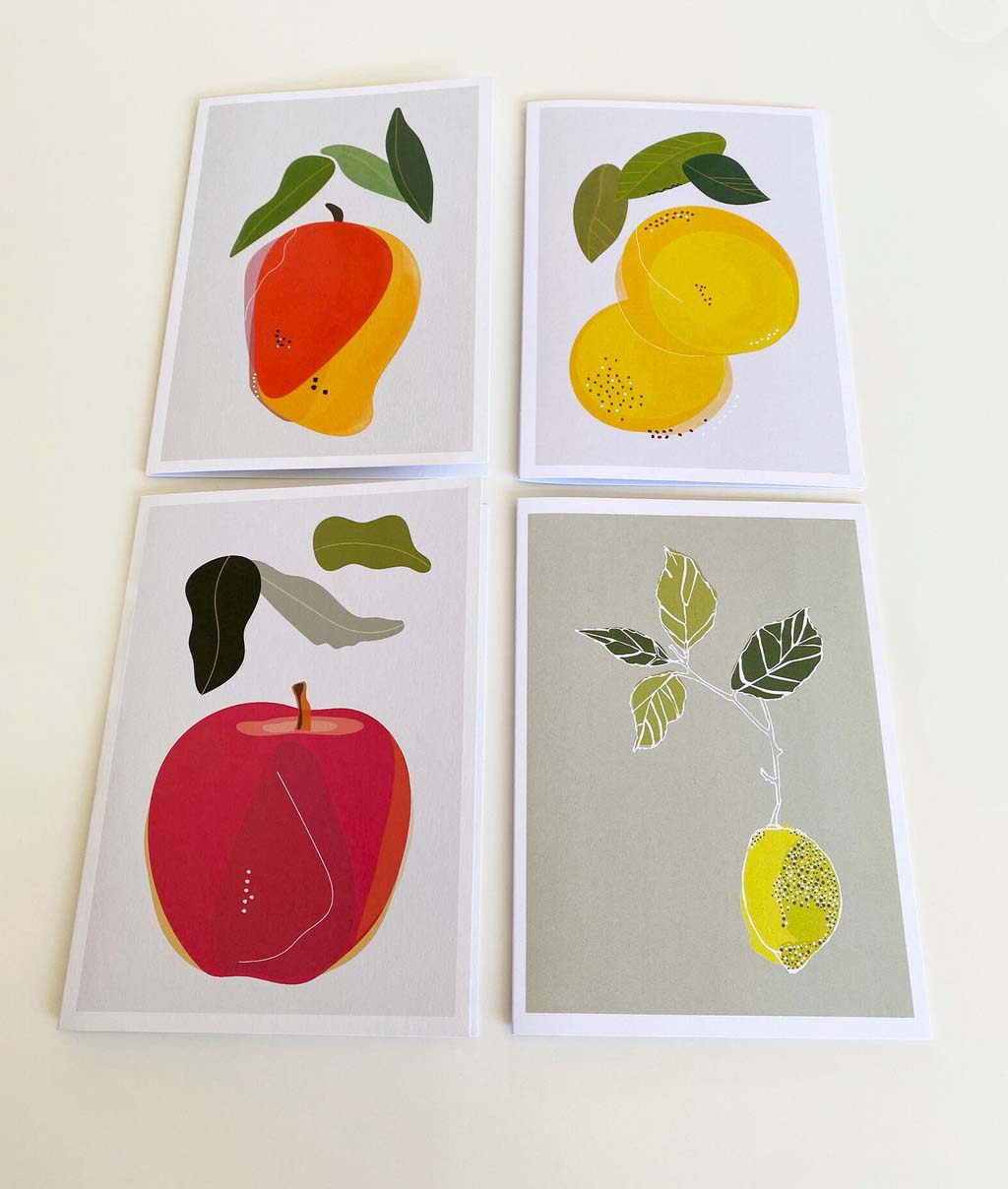 Set of 4 Fruit Illustration Greeting Cards: Mango, Apple, Lemon, Orange