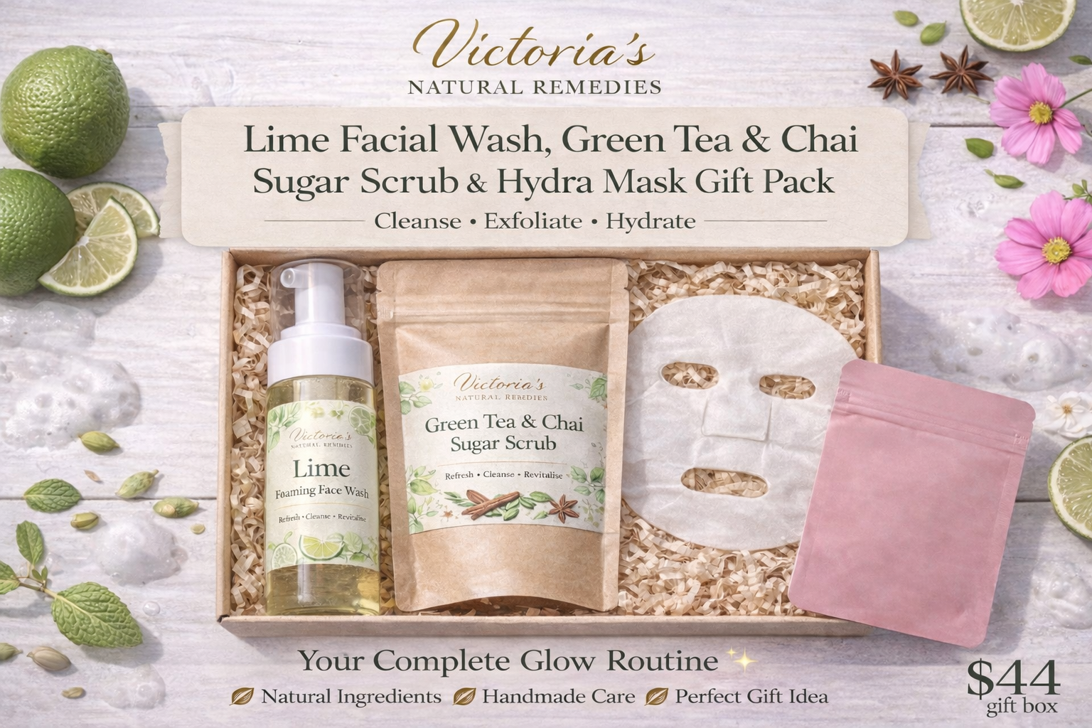 Glow Skin Gift Pack | Lime Face Wash, Sugar Scrub & Hydra Mask | Natural Skincare Set