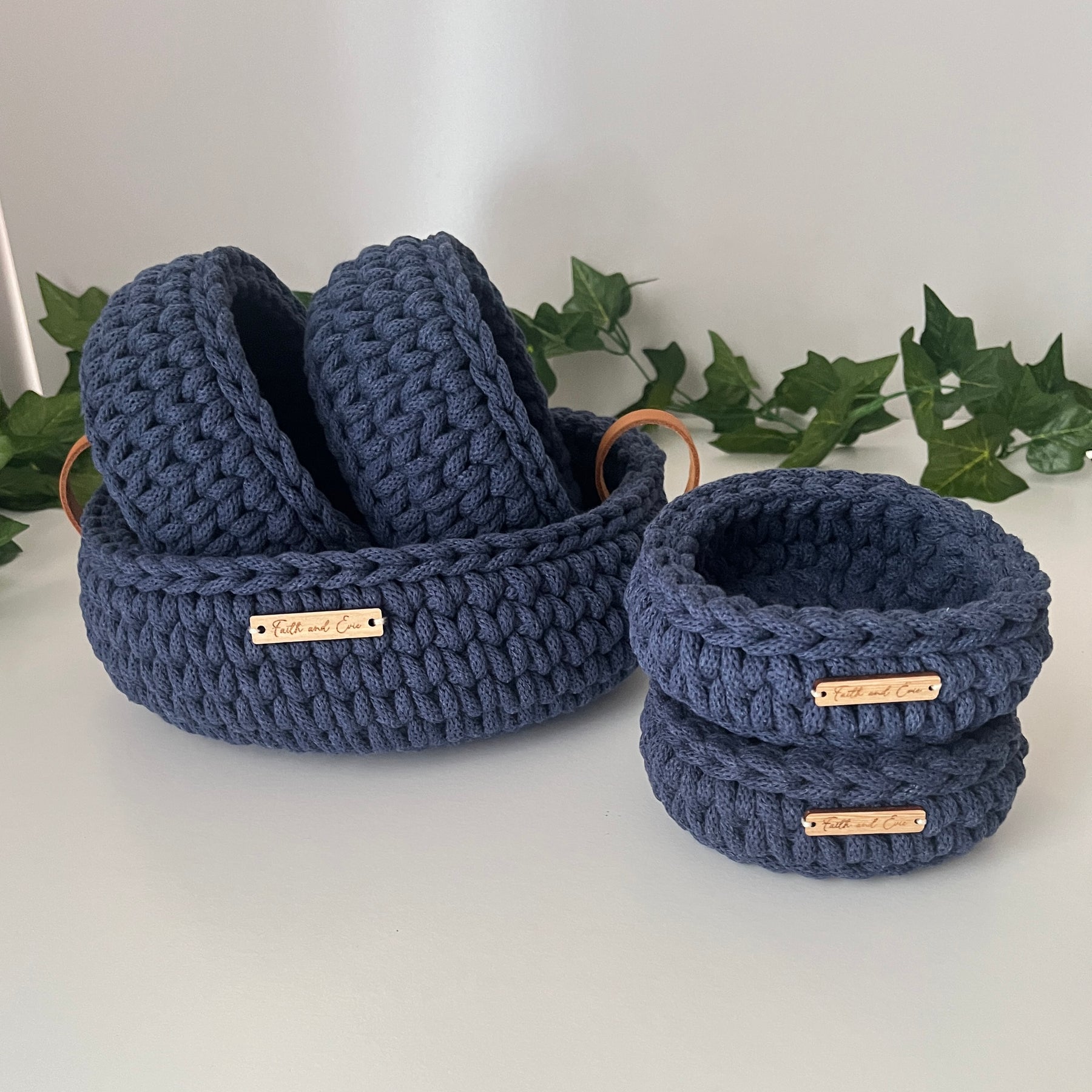 Crochet basket with handles - colour Denim