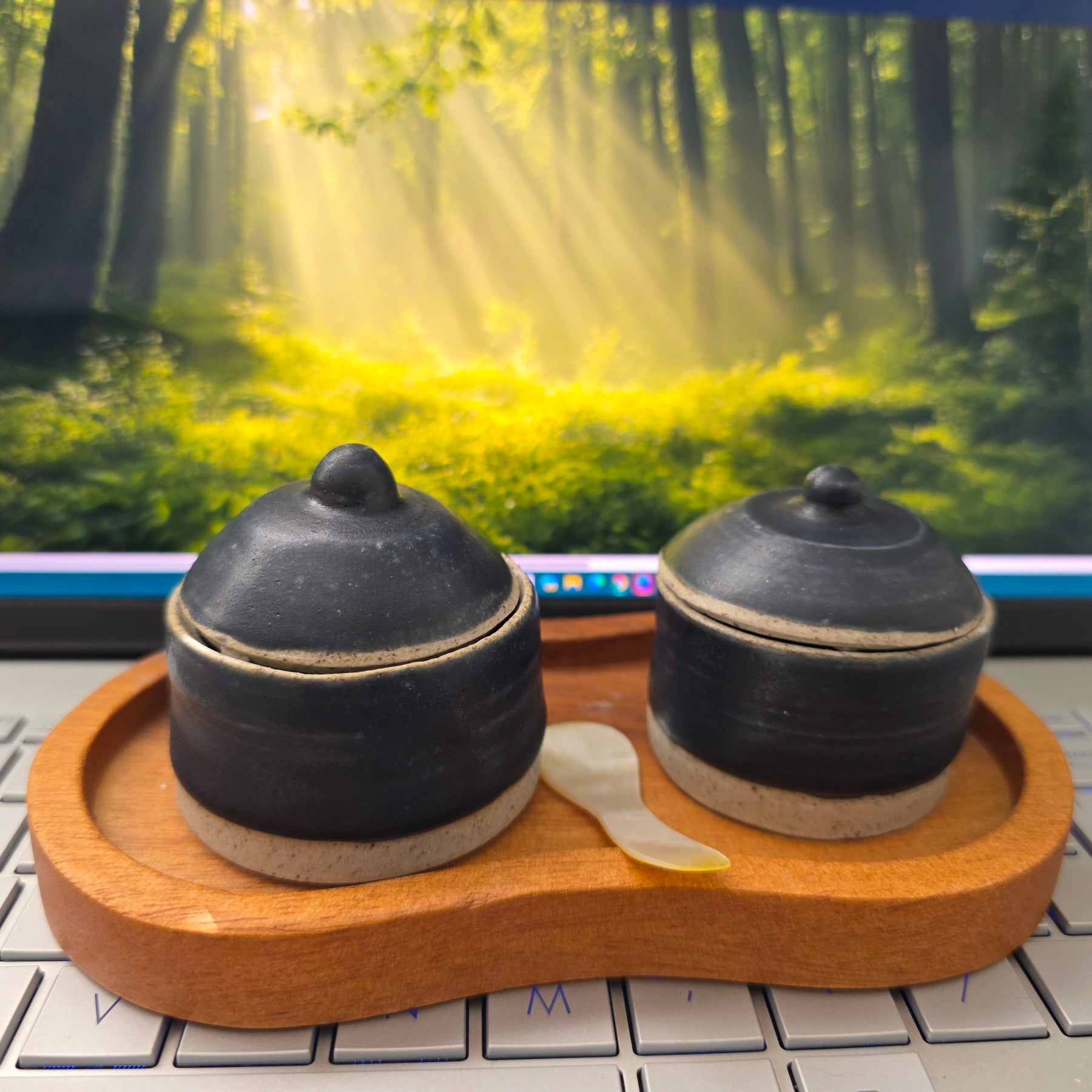 Handmade Salt &Pepper Miniature Jars, spoon and wooden tray