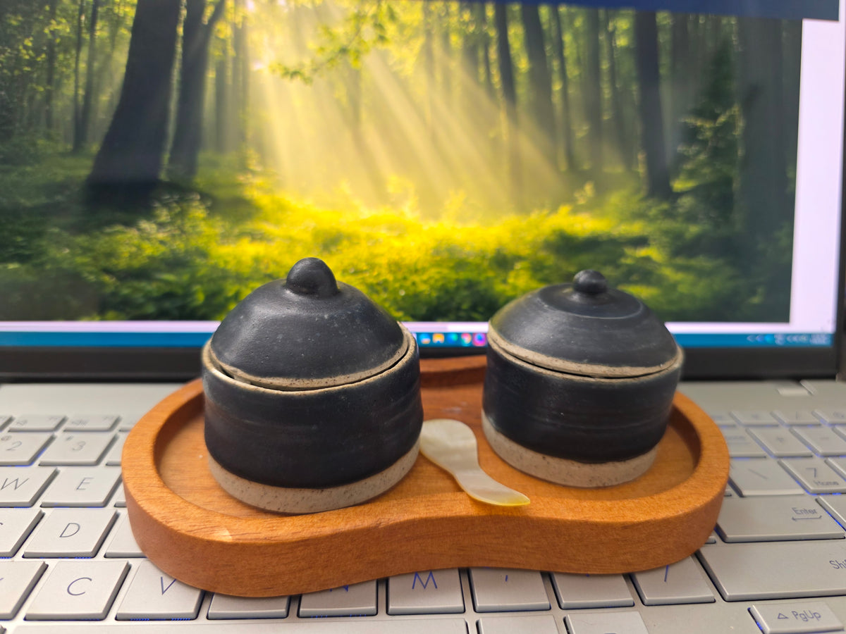 Handmade Salt &Pepper Miniature Jars, spoon and wooden tray