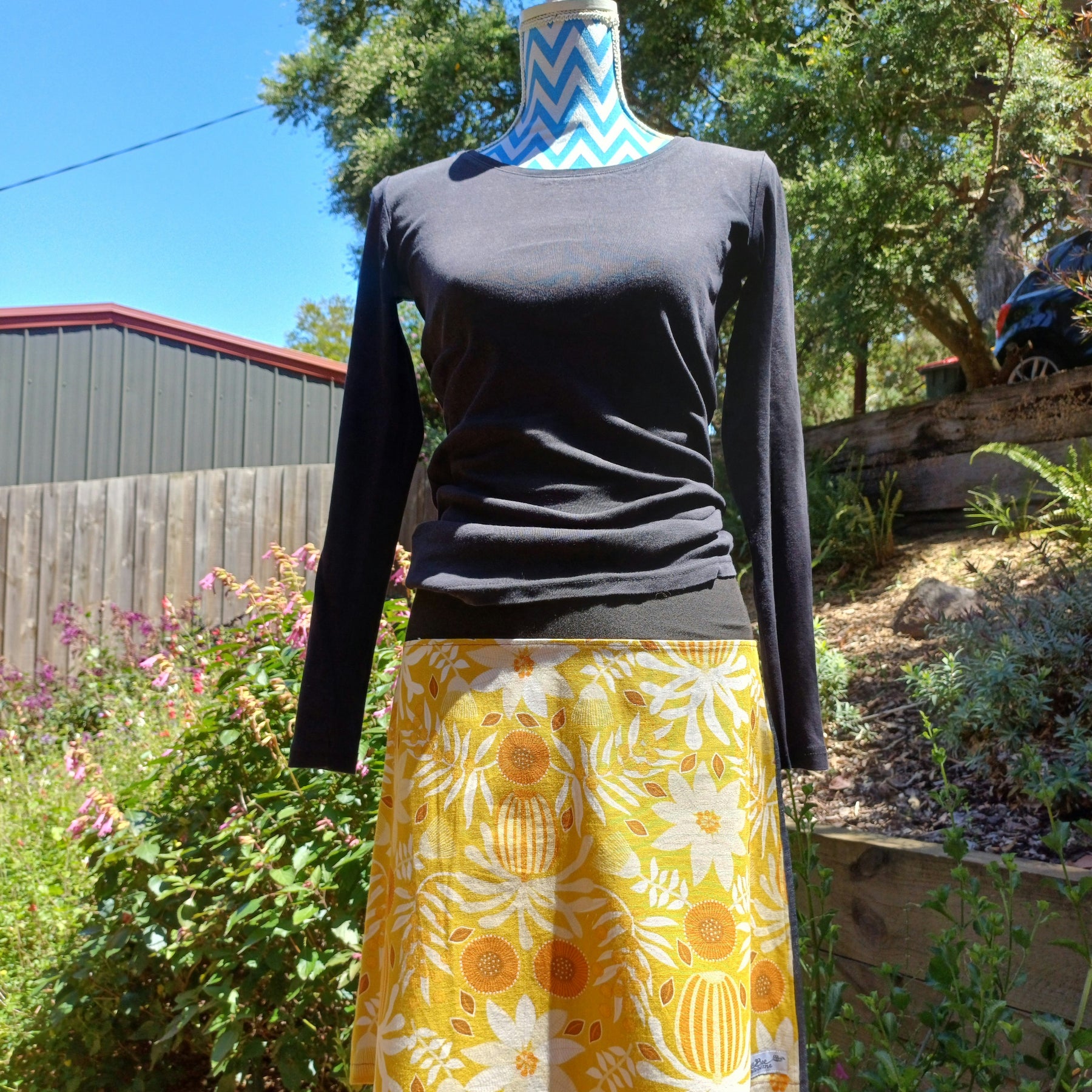 Australian Flower Skirt in Warm Yellows with Denim Back