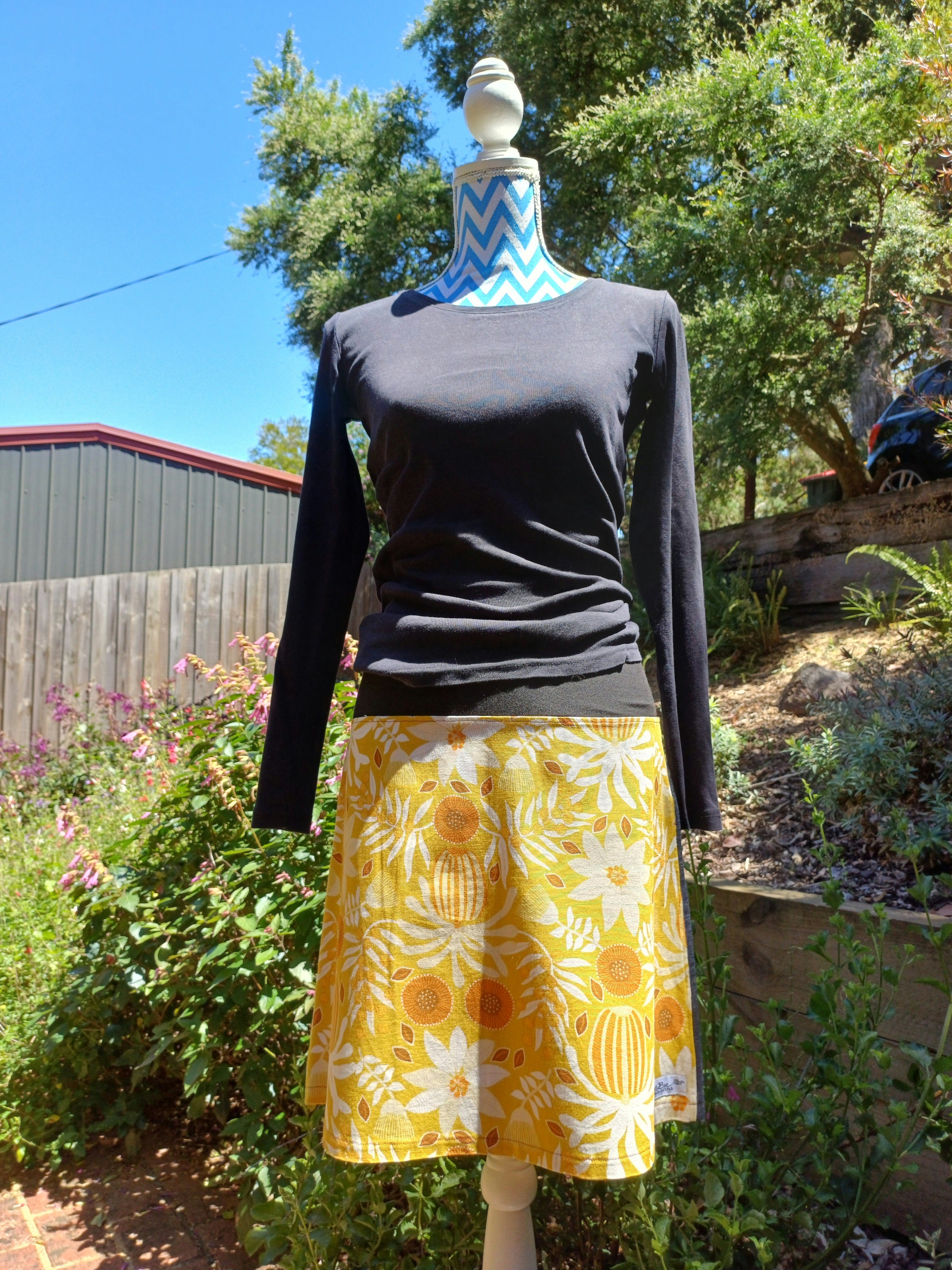 Australian Flower Skirt in Warm Yellows with Denim Back