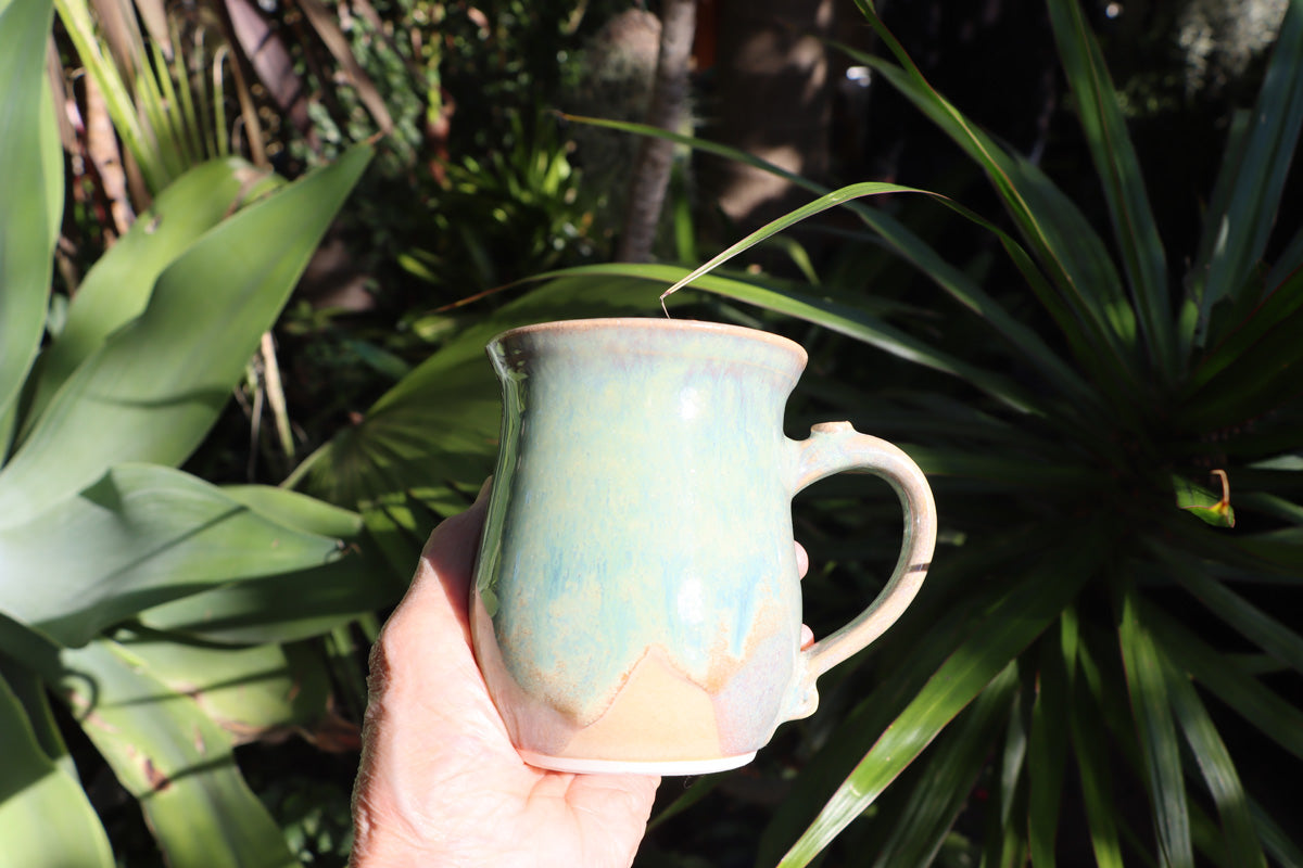 Large stoneware coffee mugs in misty green over cream glaze, hand made tea mugs