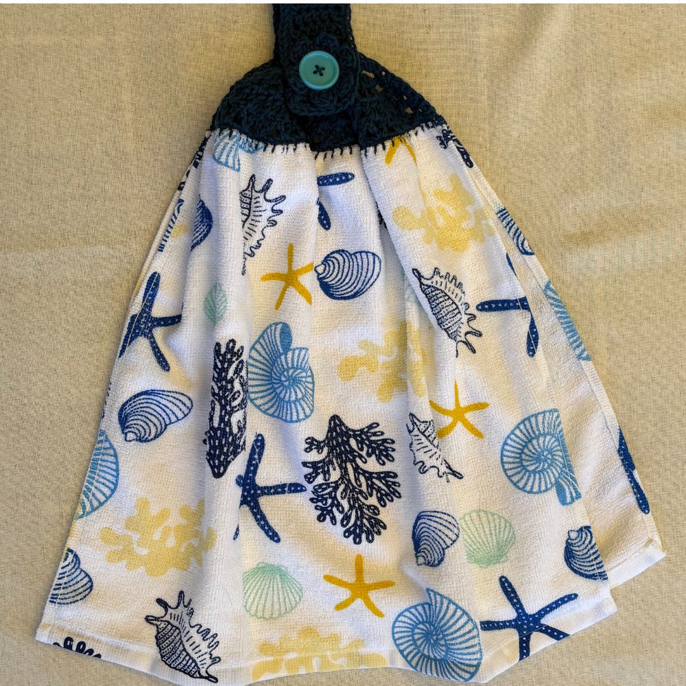 Crochet-Topped Cotton Hanging Towel - BLUE TONES
