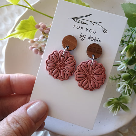 Suzie dangles polymer clay earrings- rose and wood stud