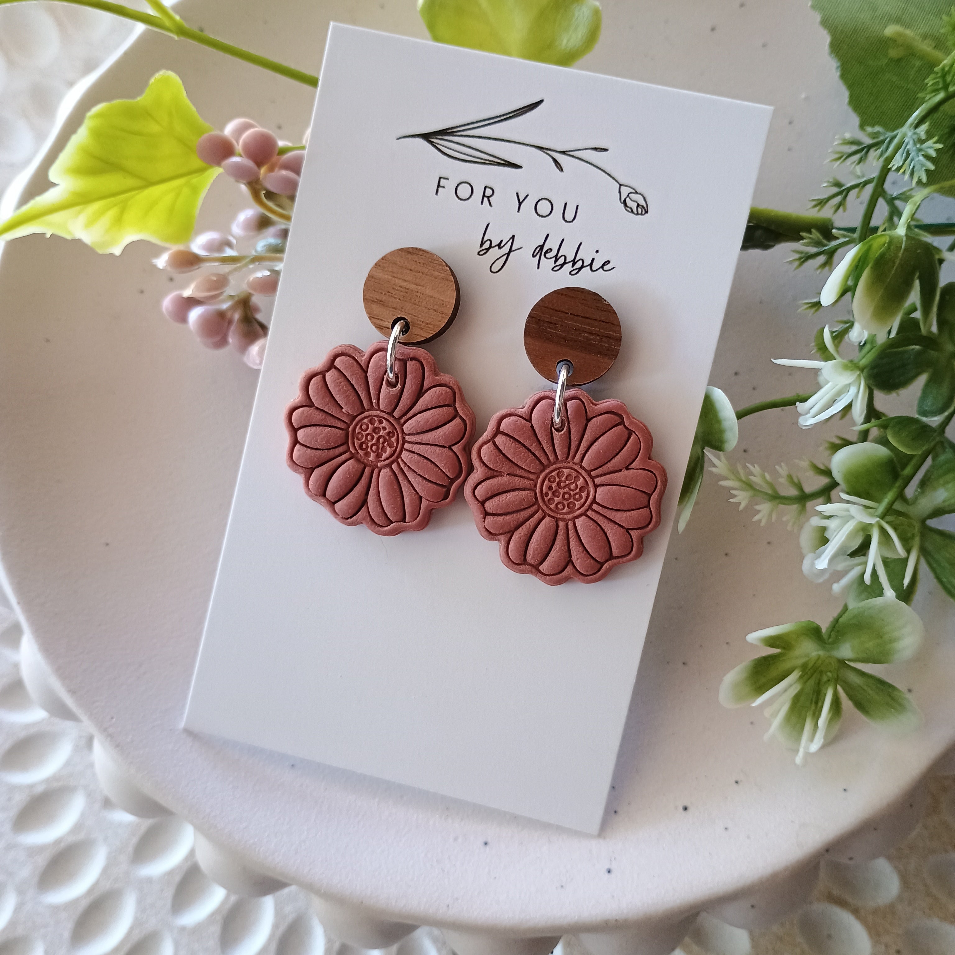 Suzie dangles polymer clay earrings- rose and wood stud