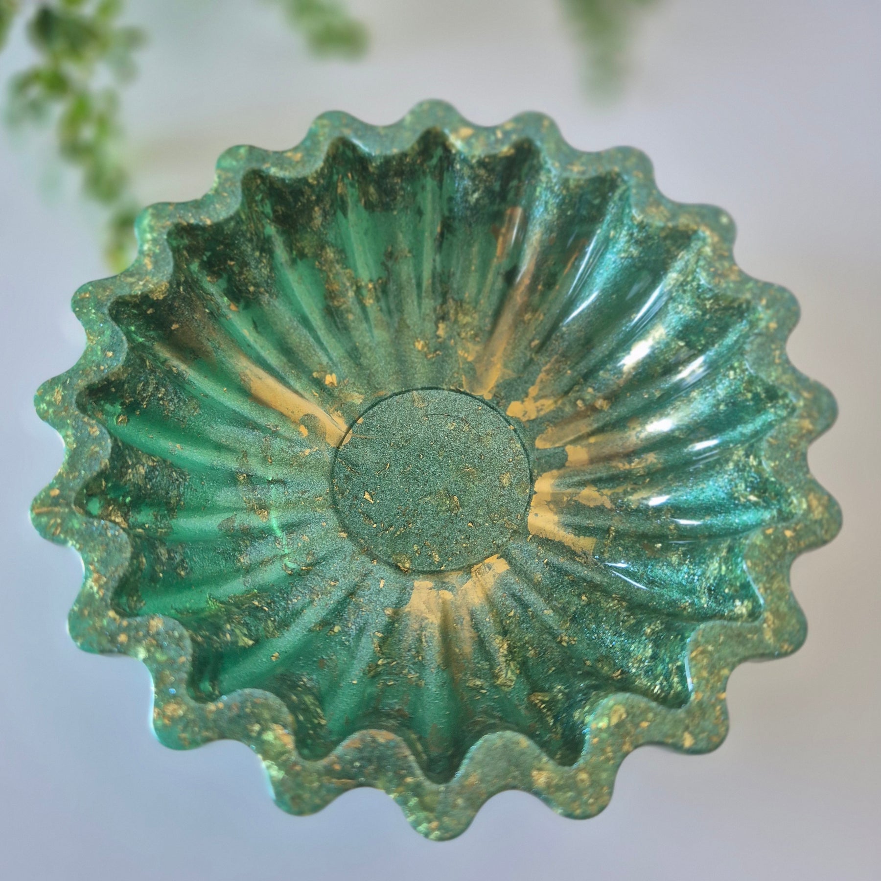 Green and Gold Resin Fluted Trinket Bowl