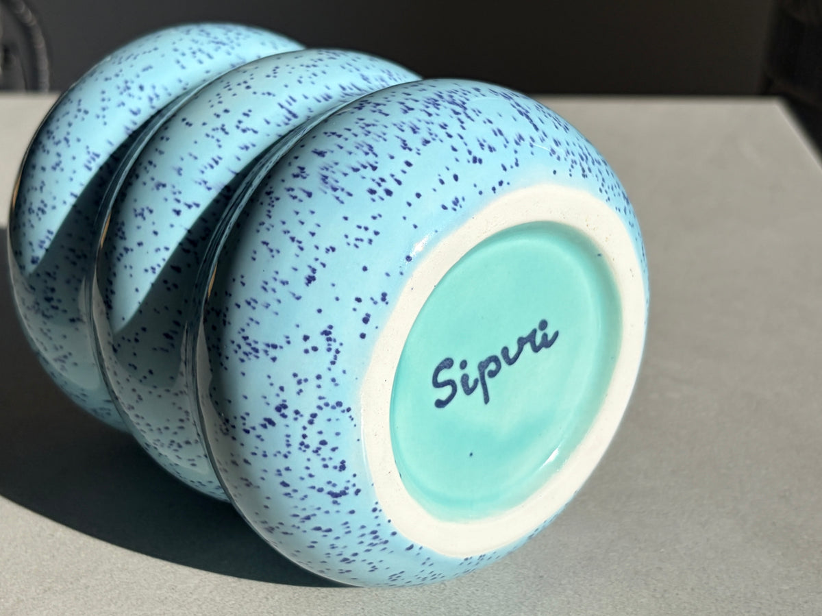 Handcrafted Porcelain Tumbler with Silicon Straw, 600mL Bubble Cup in Blue Mist Glaze