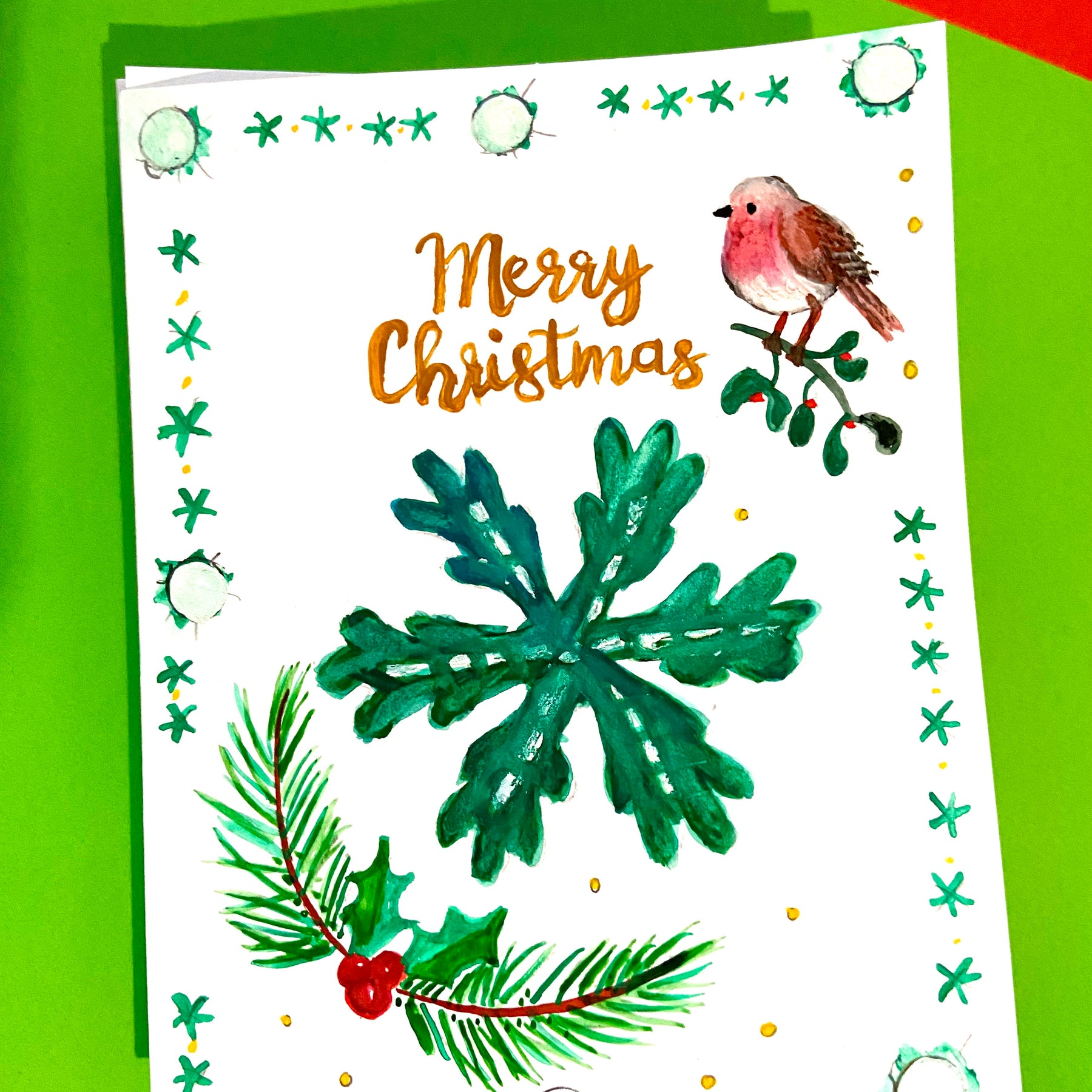 Hand Painted Christmas Card - green version