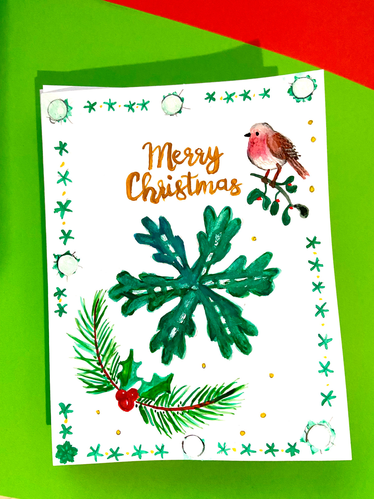 Hand Painted Christmas Card - green version