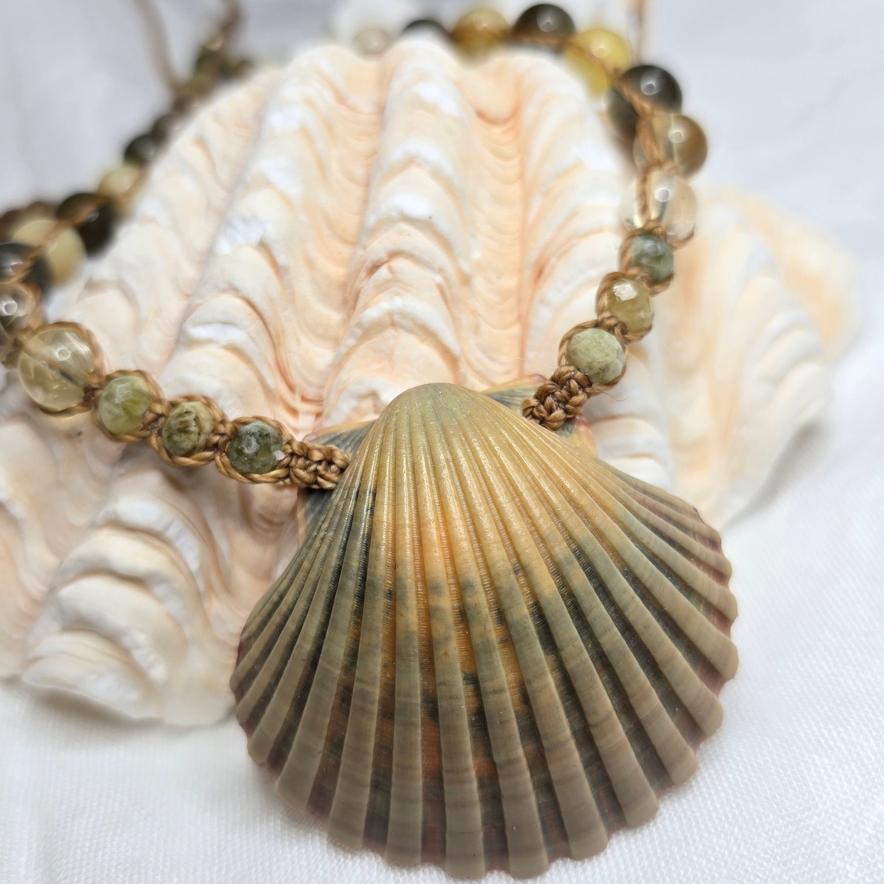 Scallop Shell Necklace with Labradorite and Yellow Opal