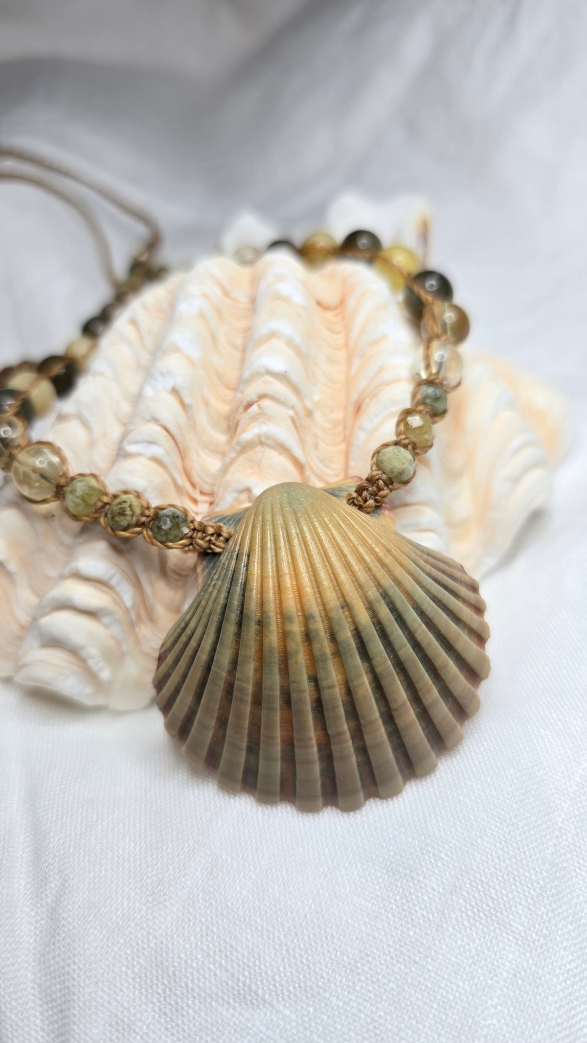 Scallop Shell Necklace with Labradorite and Yellow Opal