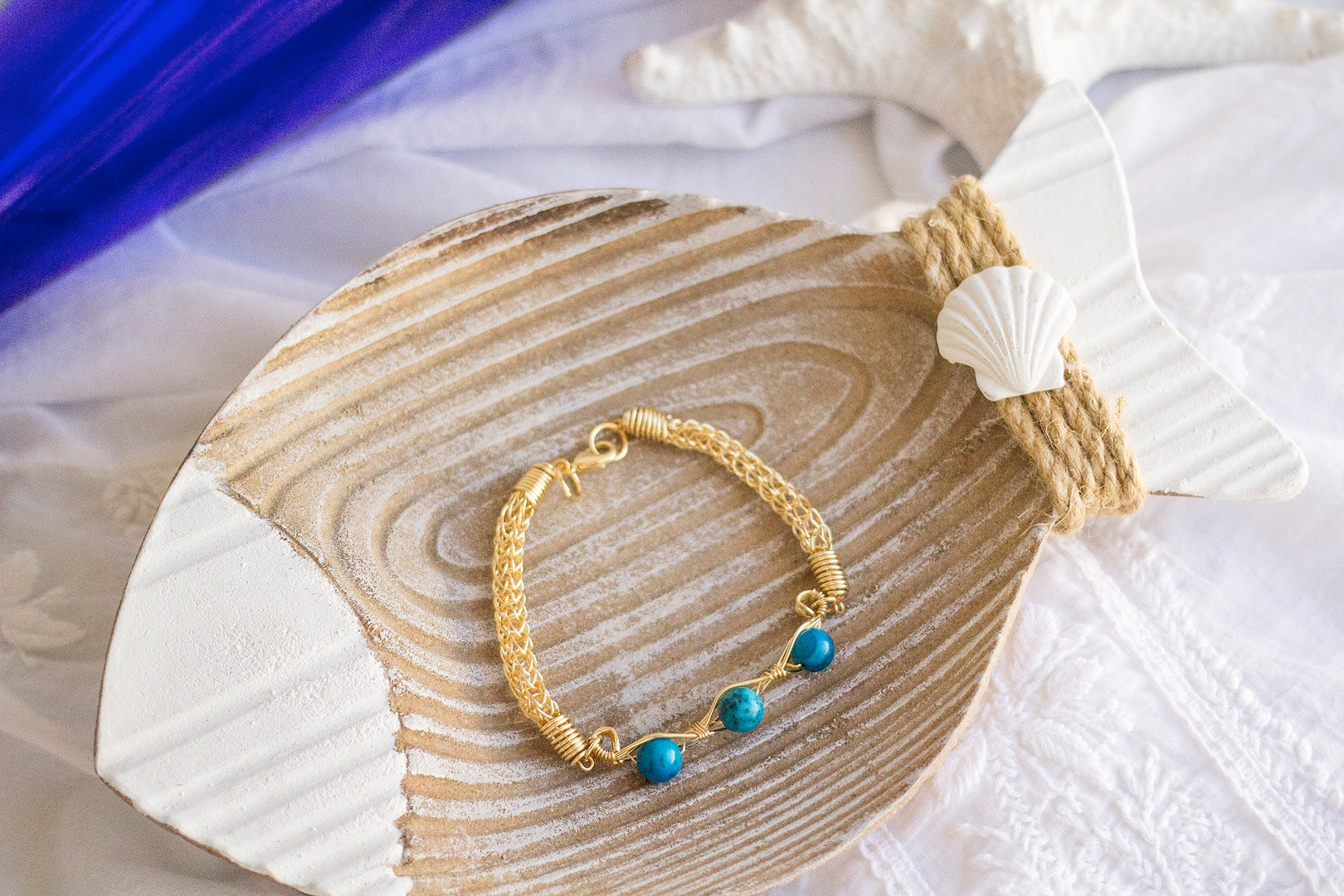 Gold Wire Knitted Bracelet With Blue Jasper Stone