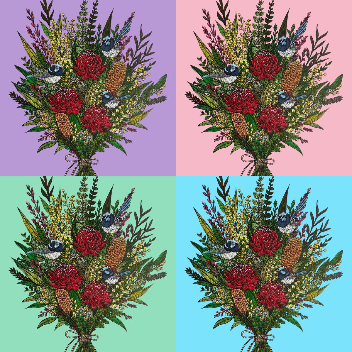 Bundle 4 Wildflowers and Fairy Wrens Greeting Cards with Envelopes