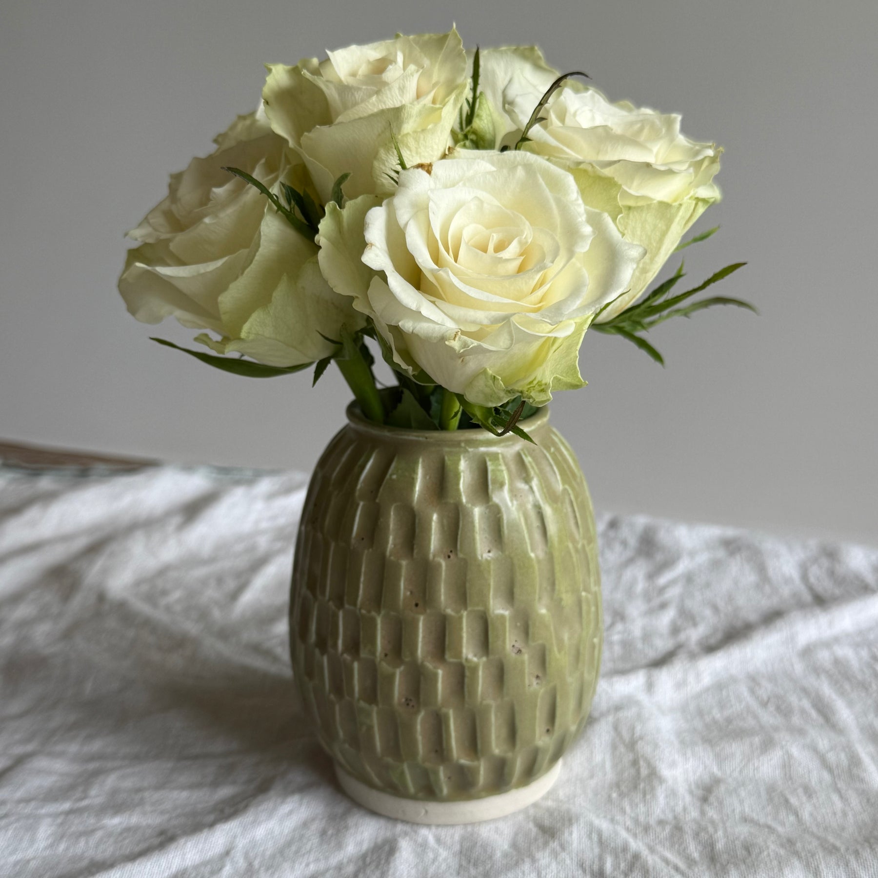 Heirloom Porcelain Vessel - Handcarved Ceramic Vase - Moss Green