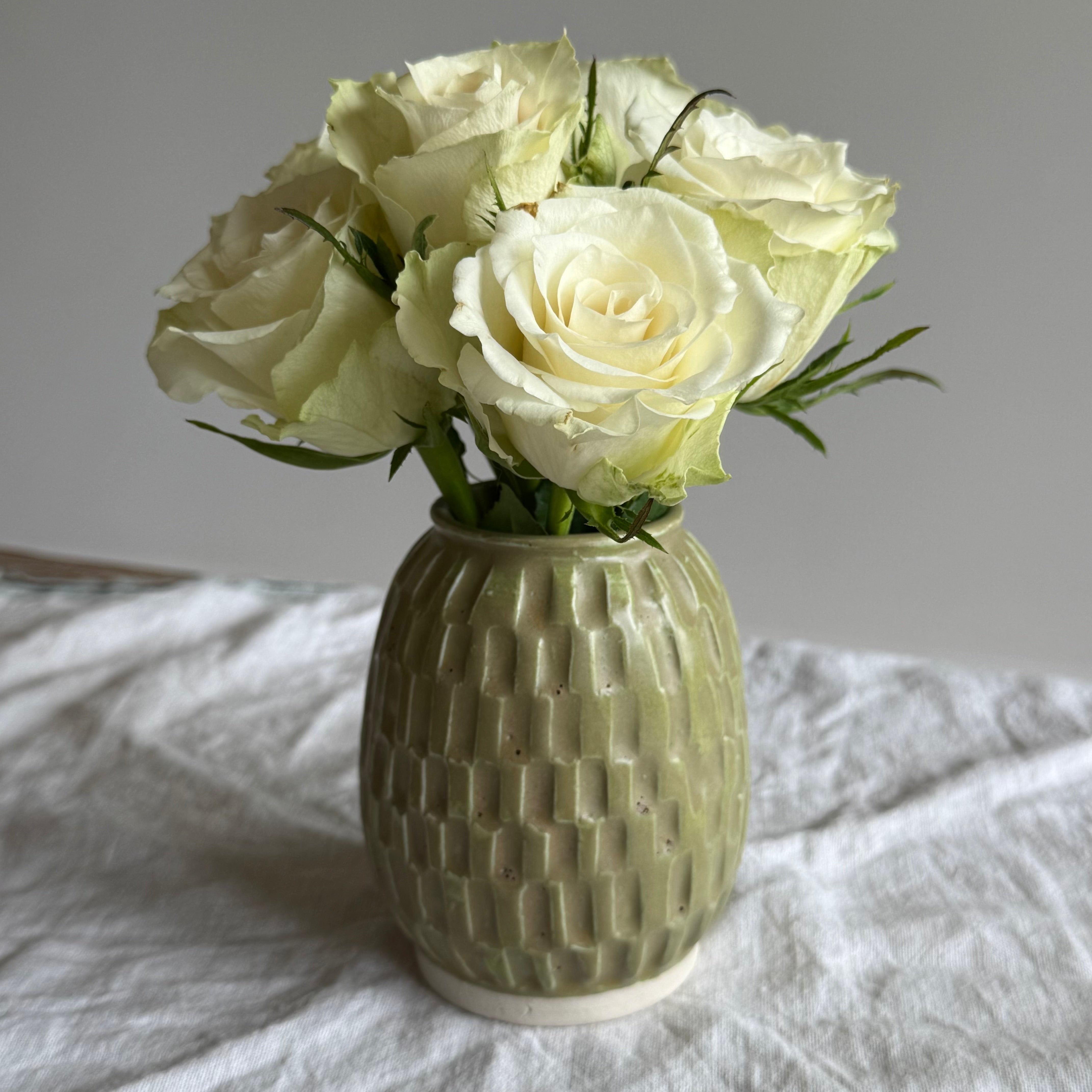 Heirloom Porcelain Vessel - Handcarved Ceramic Vase - Moss Green