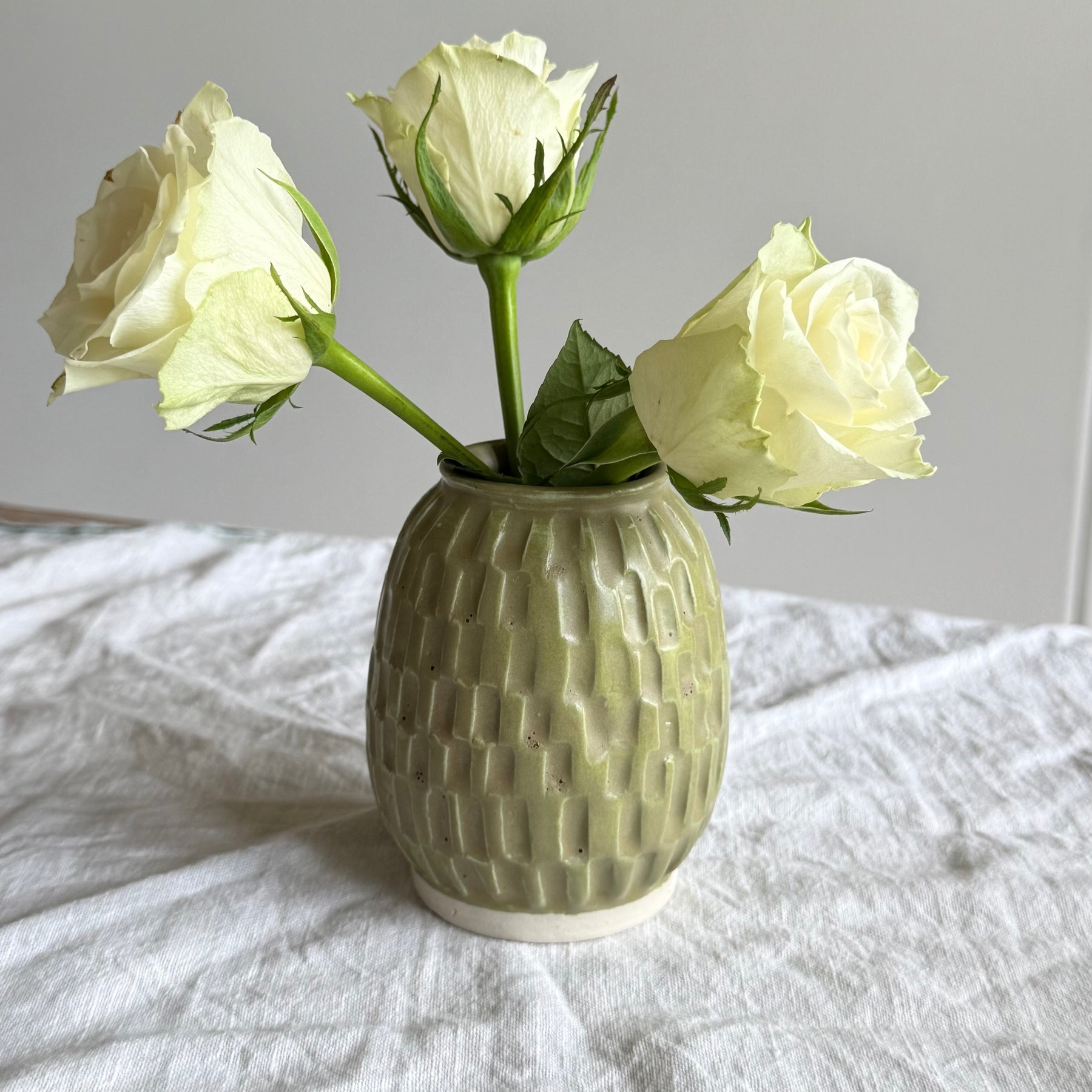 Heirloom Porcelain Vessel - Handcarved Ceramic Vase - Moss Green