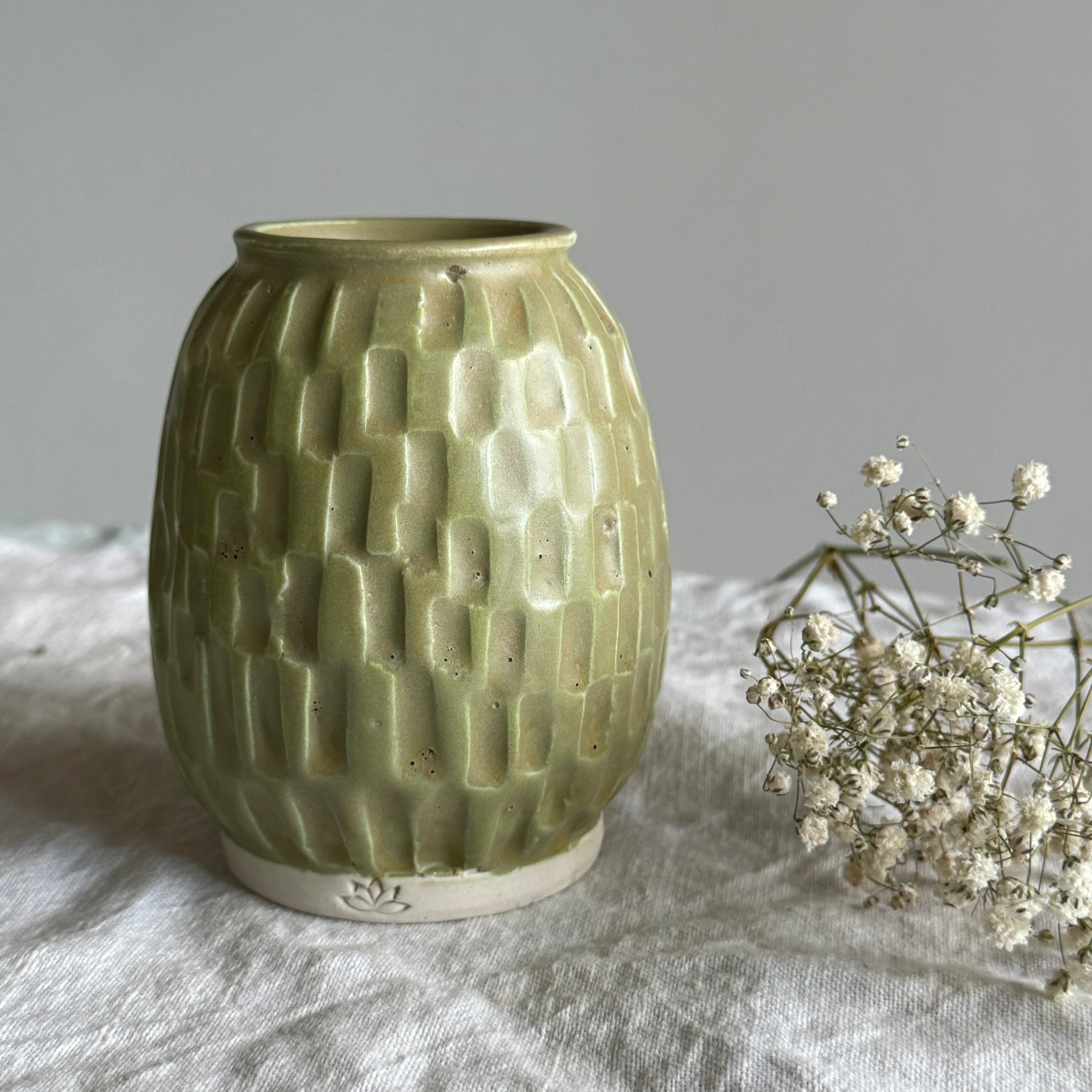 Heirloom Porcelain Vessel - Handcarved Ceramic Vase - Moss Green