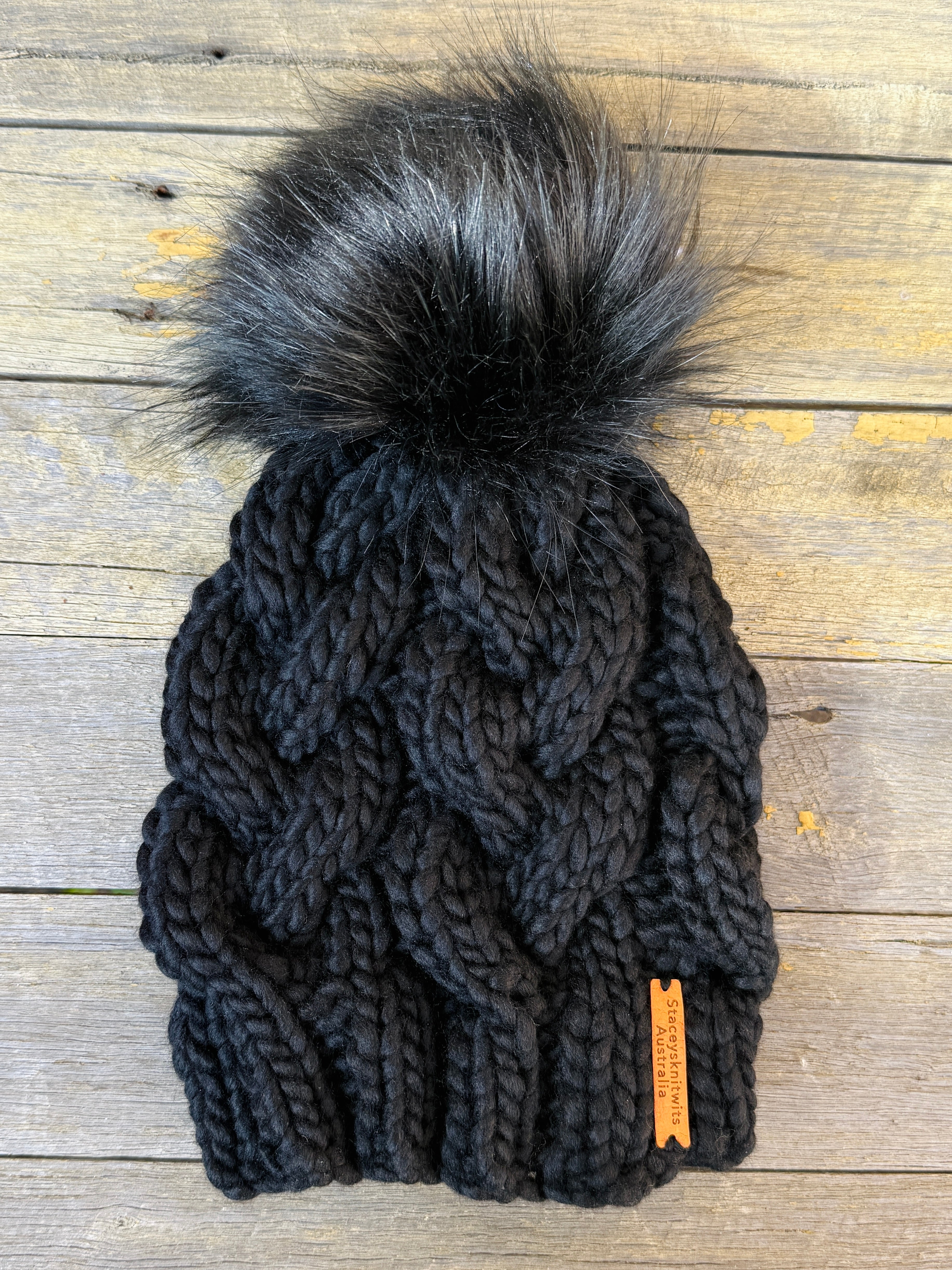 Hand knitted black merino beanie, chunky winter PomPom beanie