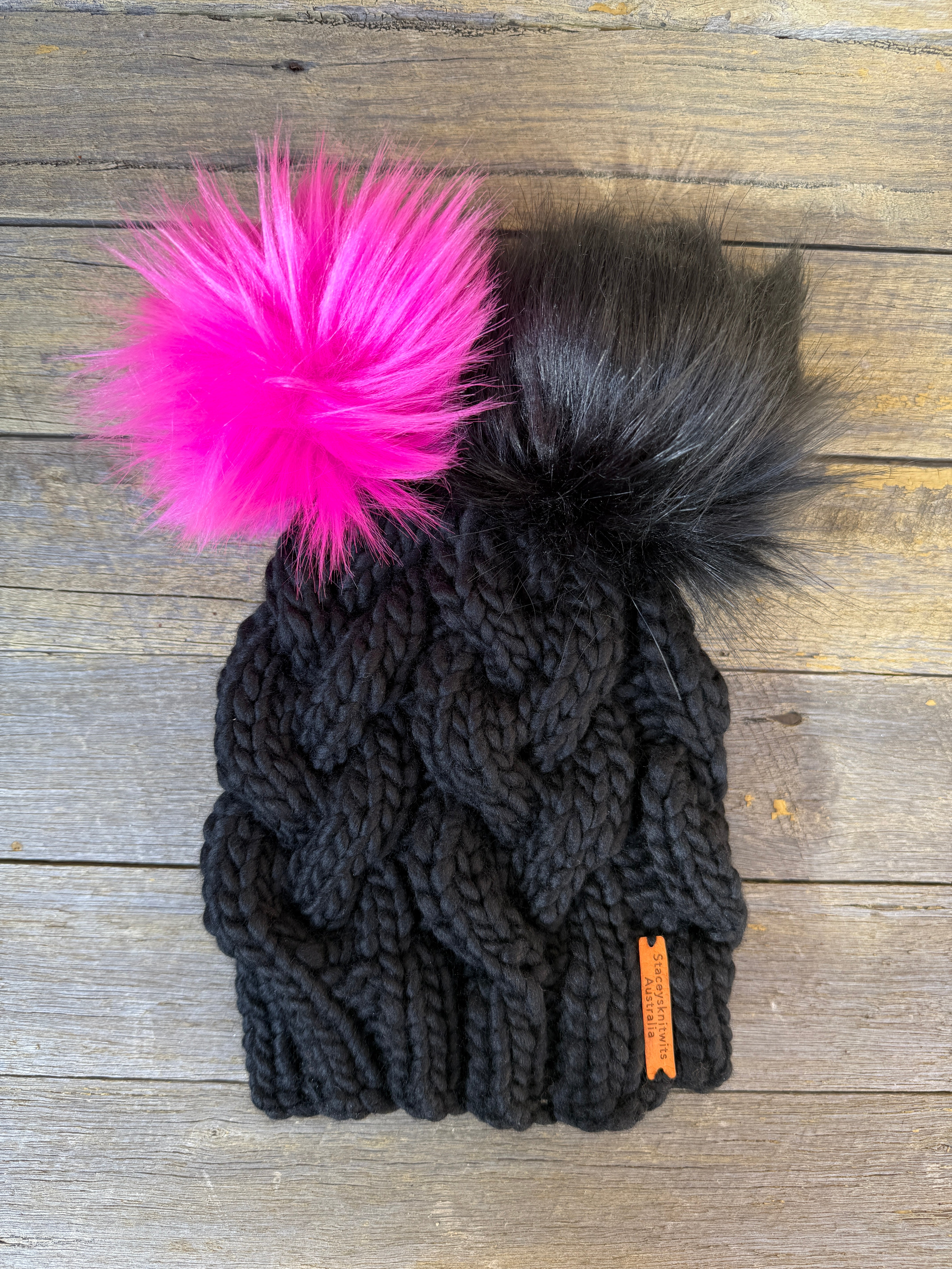 Hand knitted black merino beanie, chunky winter PomPom beanie